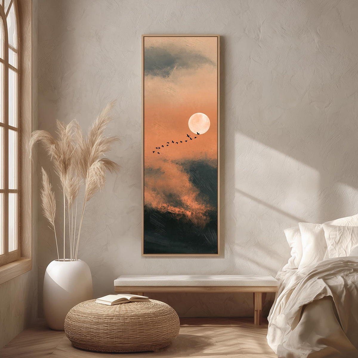 Birds flying past a rising moon in an orange sky long vertical canvas print in a bright reading corner