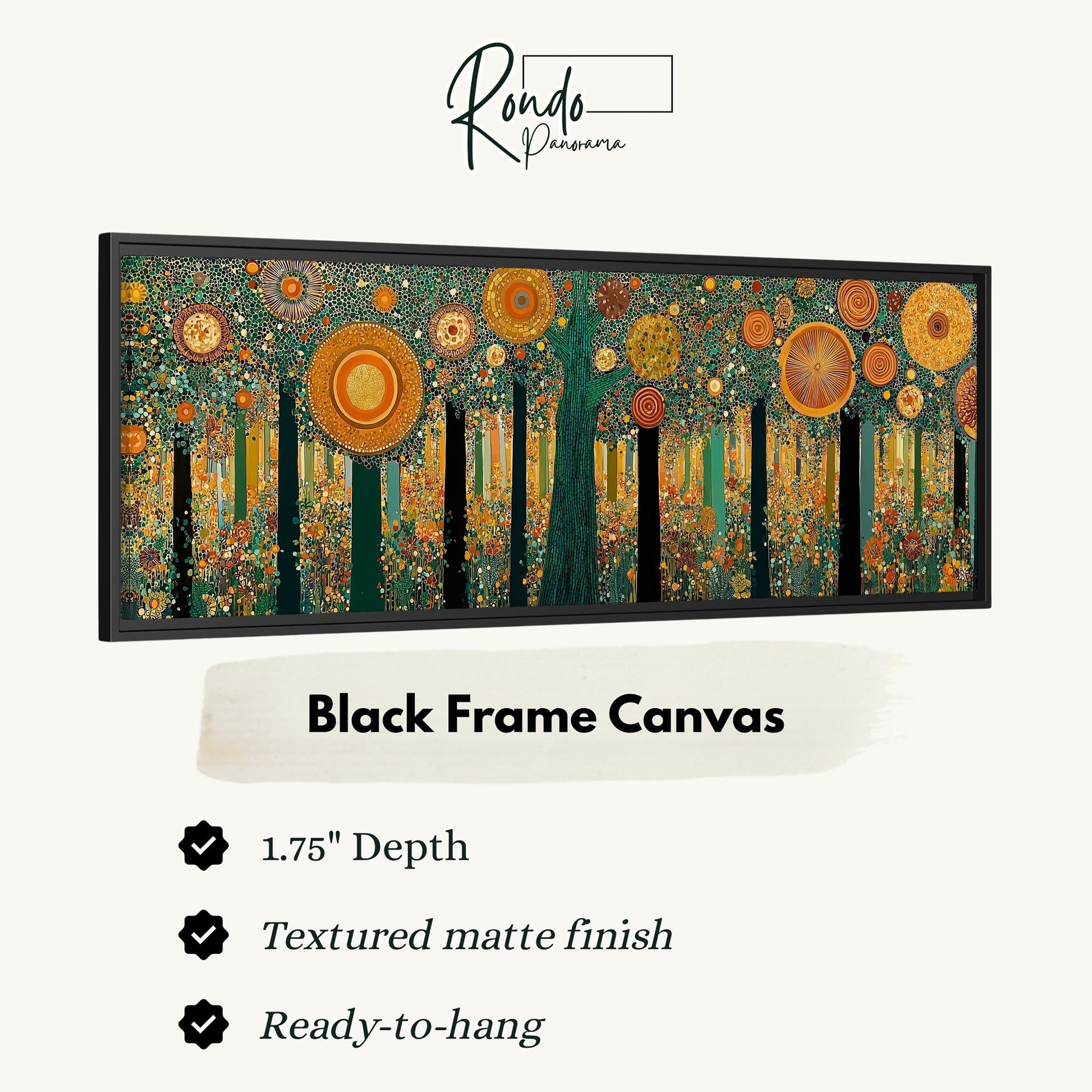 The image is a black frame canvas featuring a vibrant abstract painting of a forest with circular shapes and patterns in shades of orange, green, and yellow.