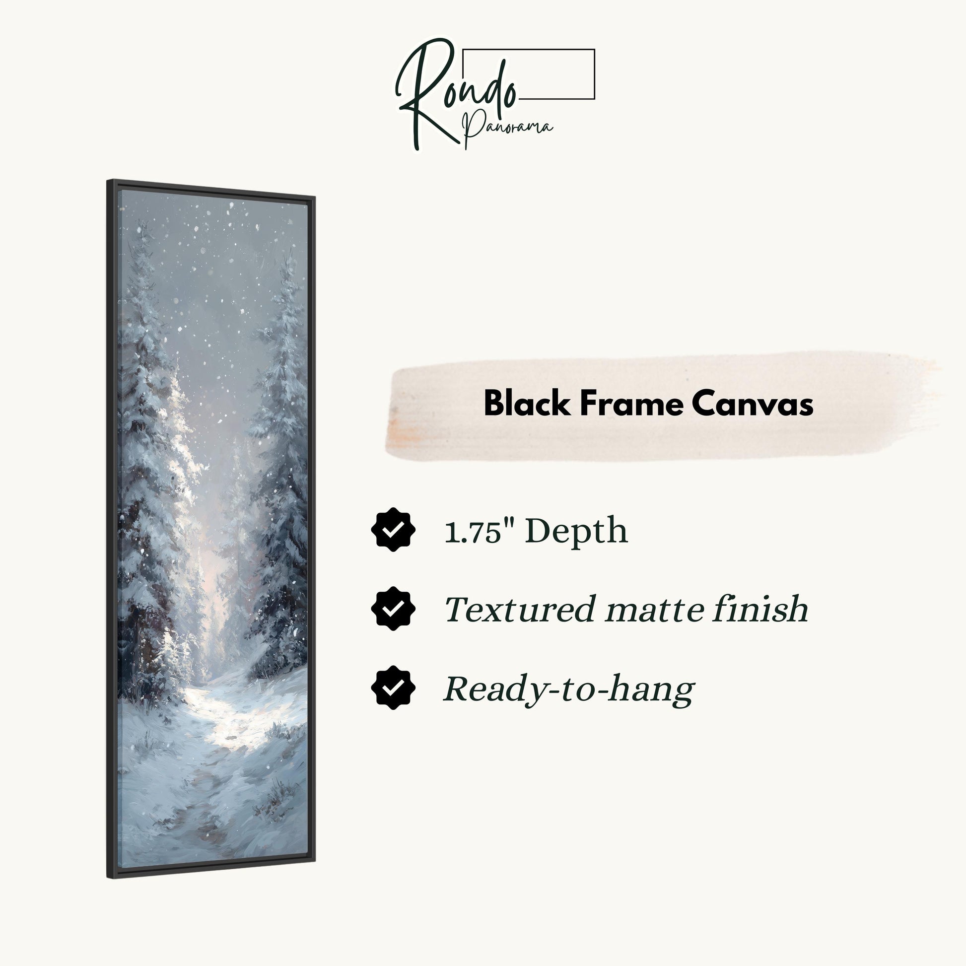 The image is a black frame canvas depicting a snowy winter landscape with trees covered in snow.