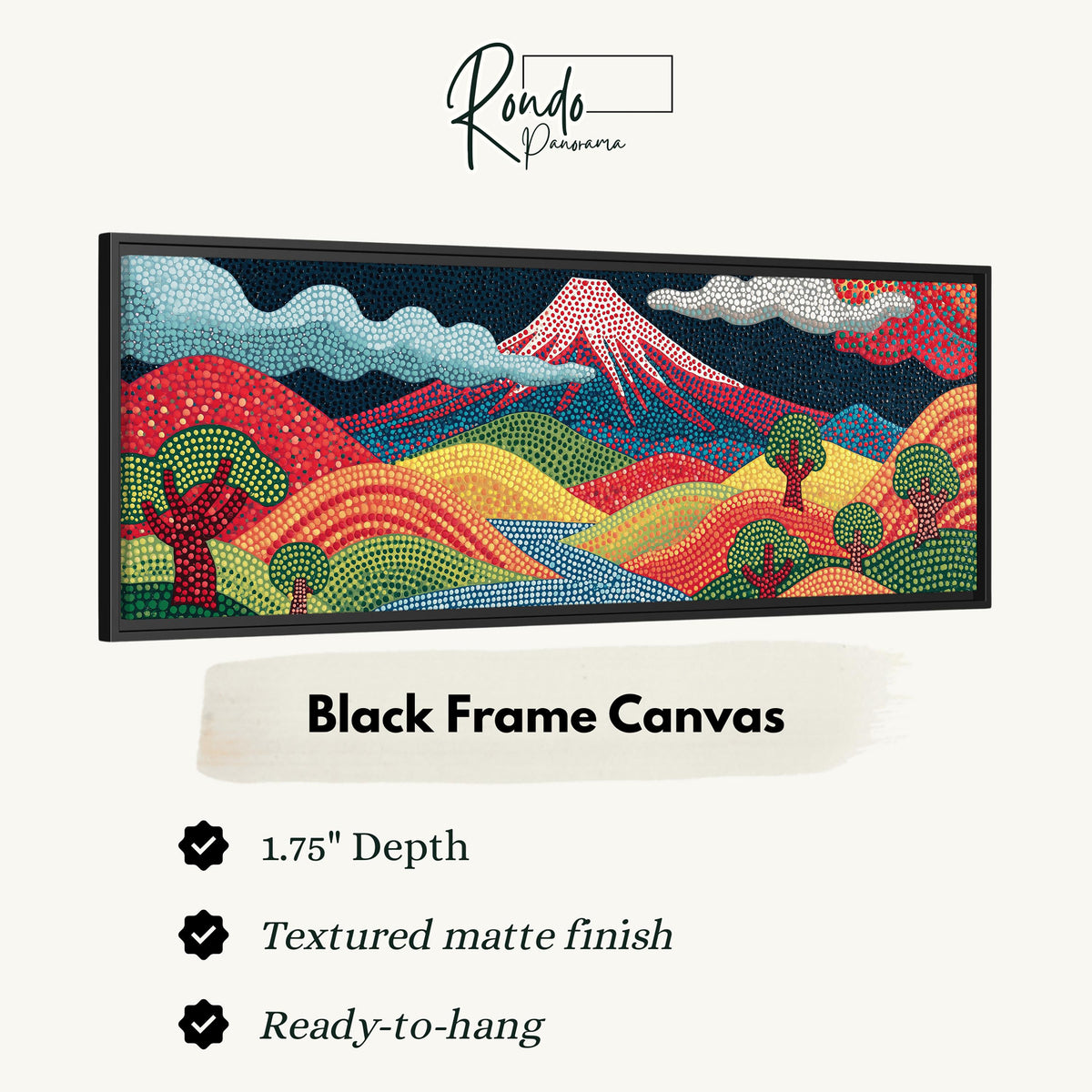 Mount Fuji above rainbow dotted hills canvas print in a black floating frame