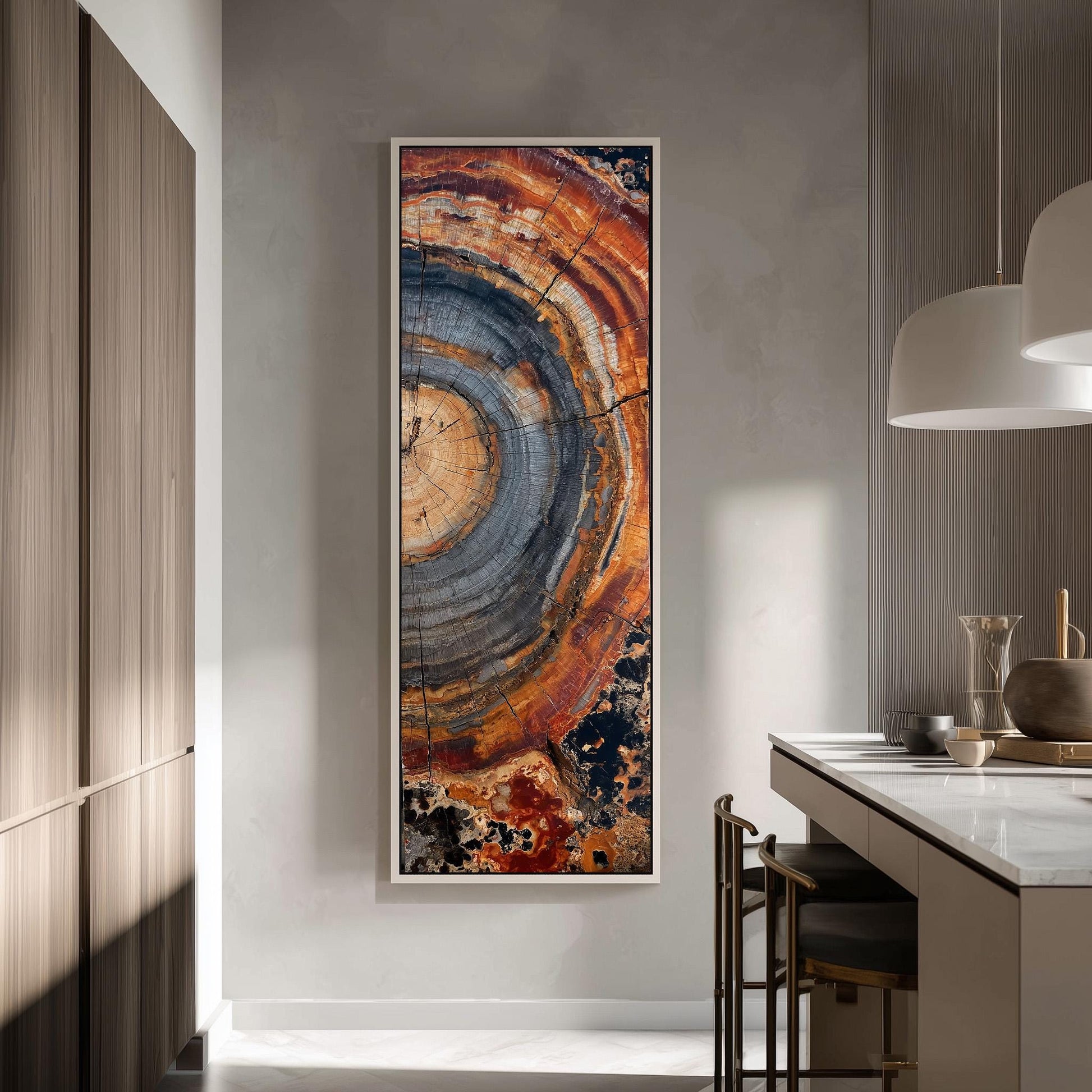 a large, colorful abstract painting hanging on a wall in a modern kitchen.