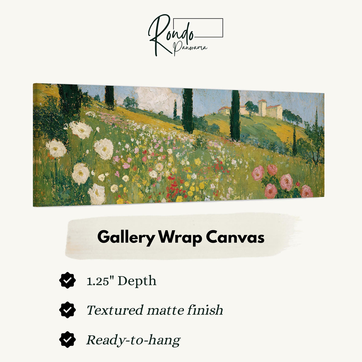 Tuscan wildflower hillside with cypress trees gallery wrap canvas with the image wrapped around the edges