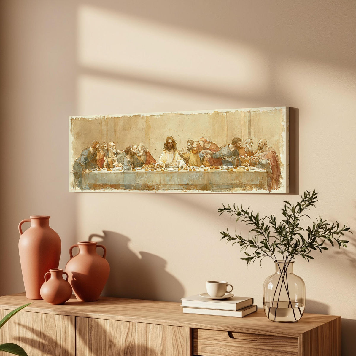 The Last Supper in a sepia sketch style long horizontal canvas print above a wooden sideboard