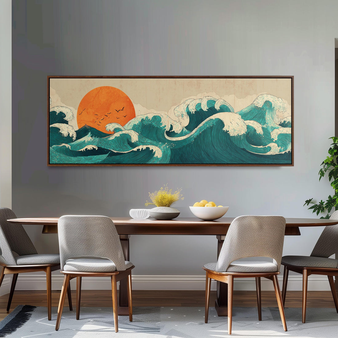 a large, framed artwork depicting a seascape with a sun and waves, hanging on a wall above a brown sofa.