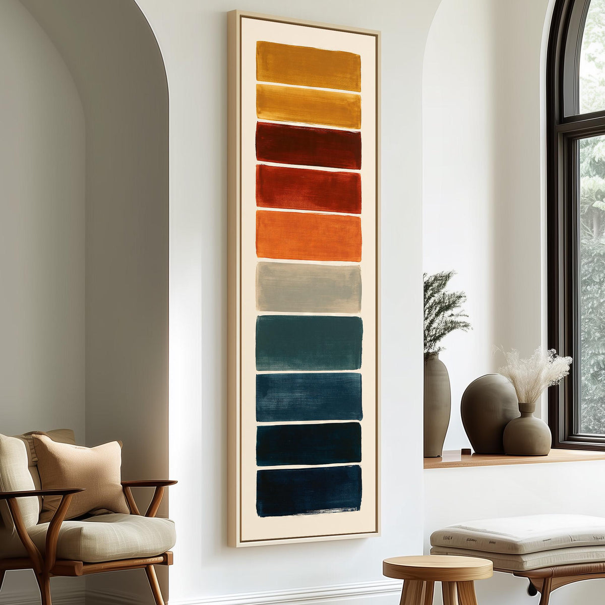 Stack of swatches from mustard to navy tall skinny canvas print in a sunlit living space