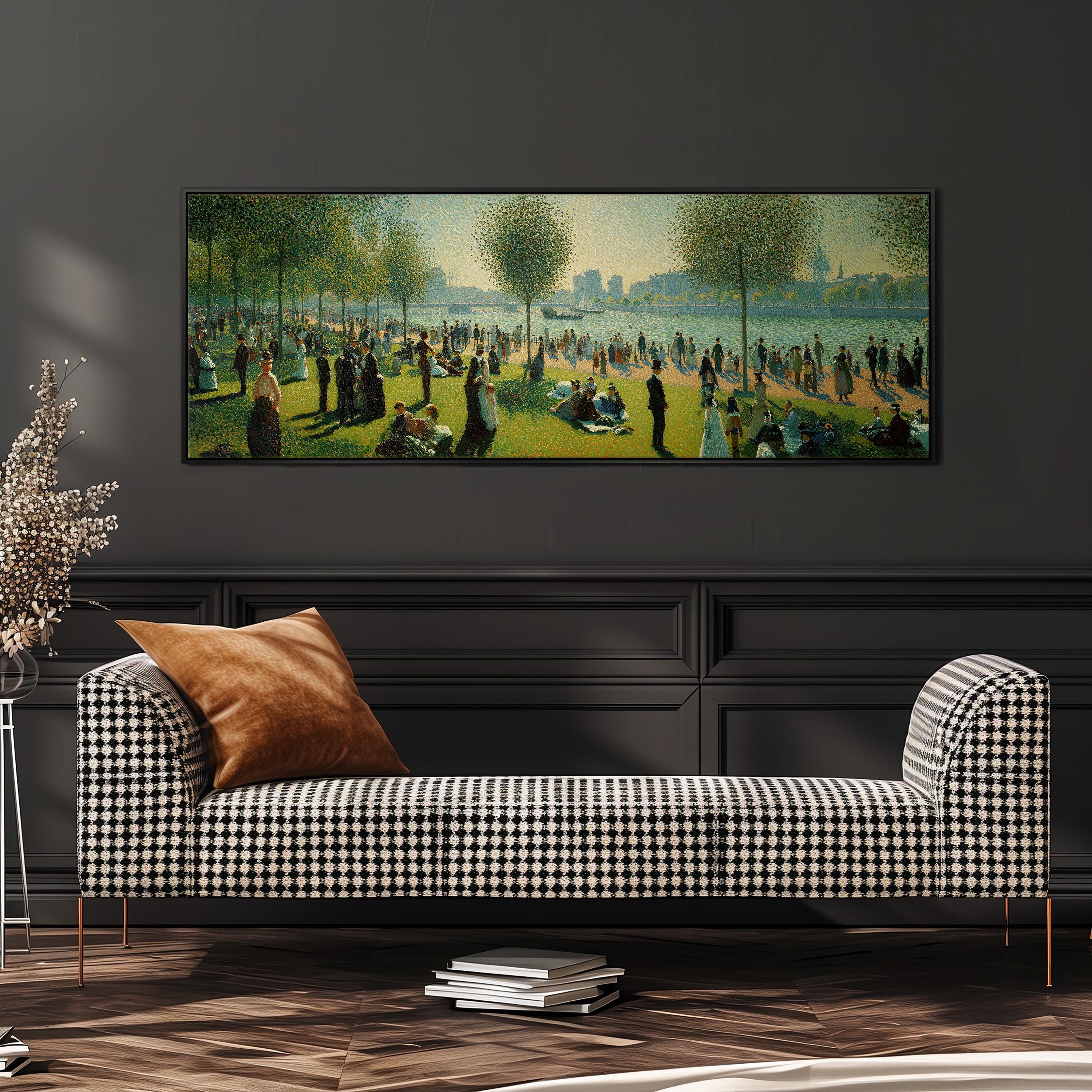 a large painting of a park scene with people enjoying the outdoors, displayed on a wall above a black and white checkered sofa.