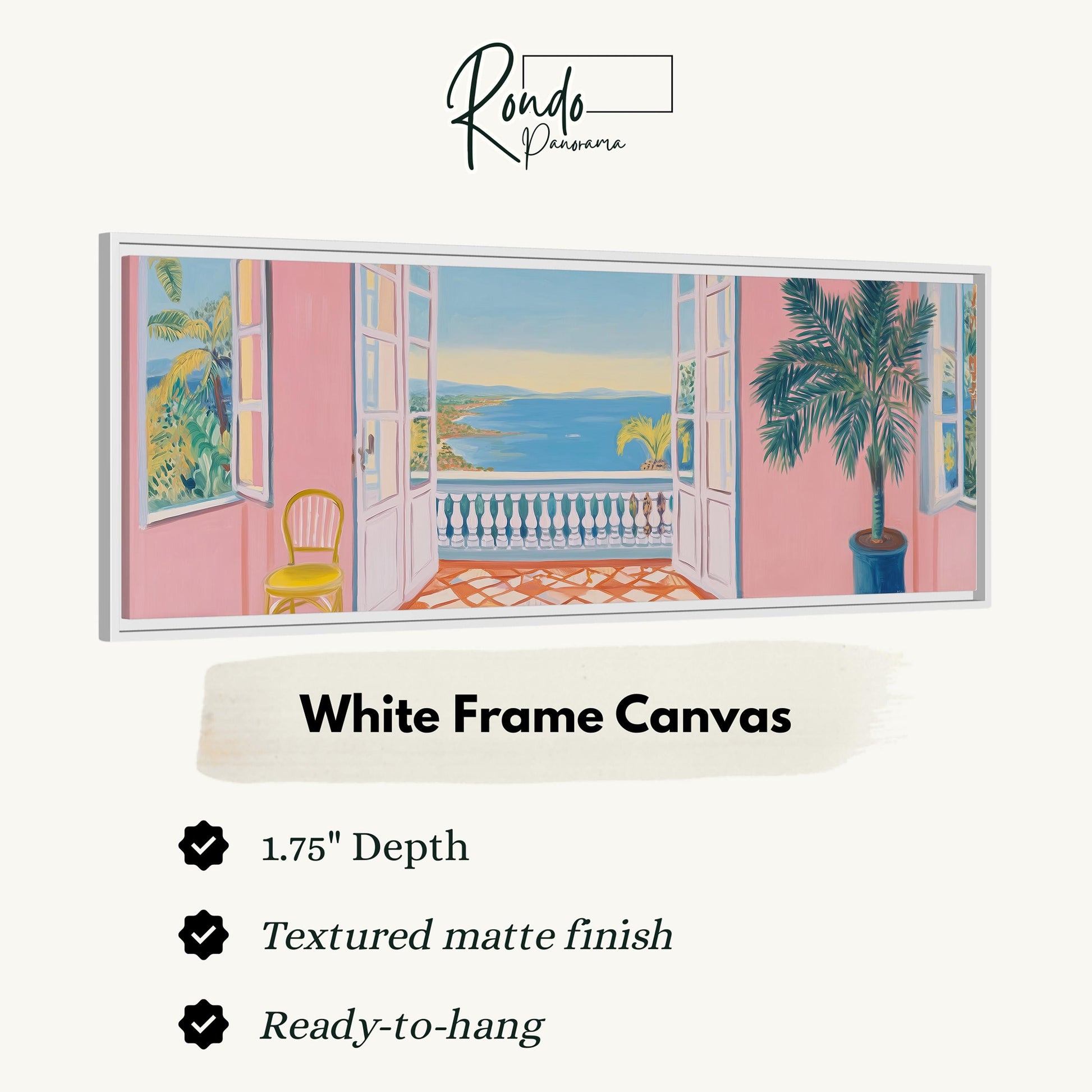 The image is a white frame canvas depicting a balcony with a view of the ocean and palm trees.