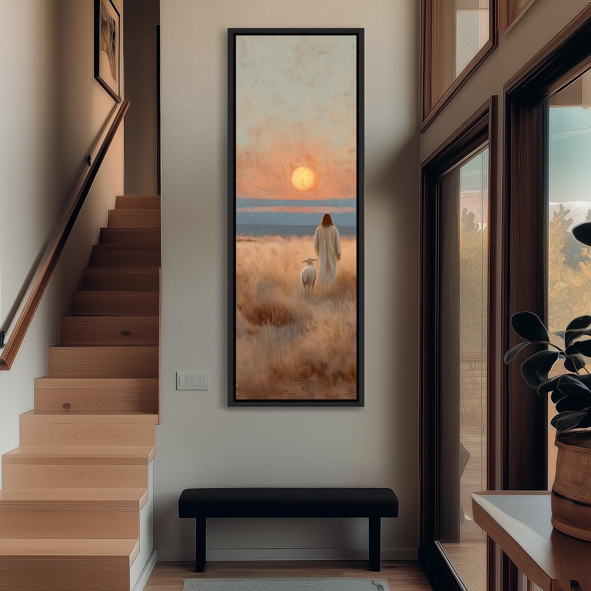a serene indoor setting with a large painting of a person walking in a field with a dog, set against a backdrop of a sunset.