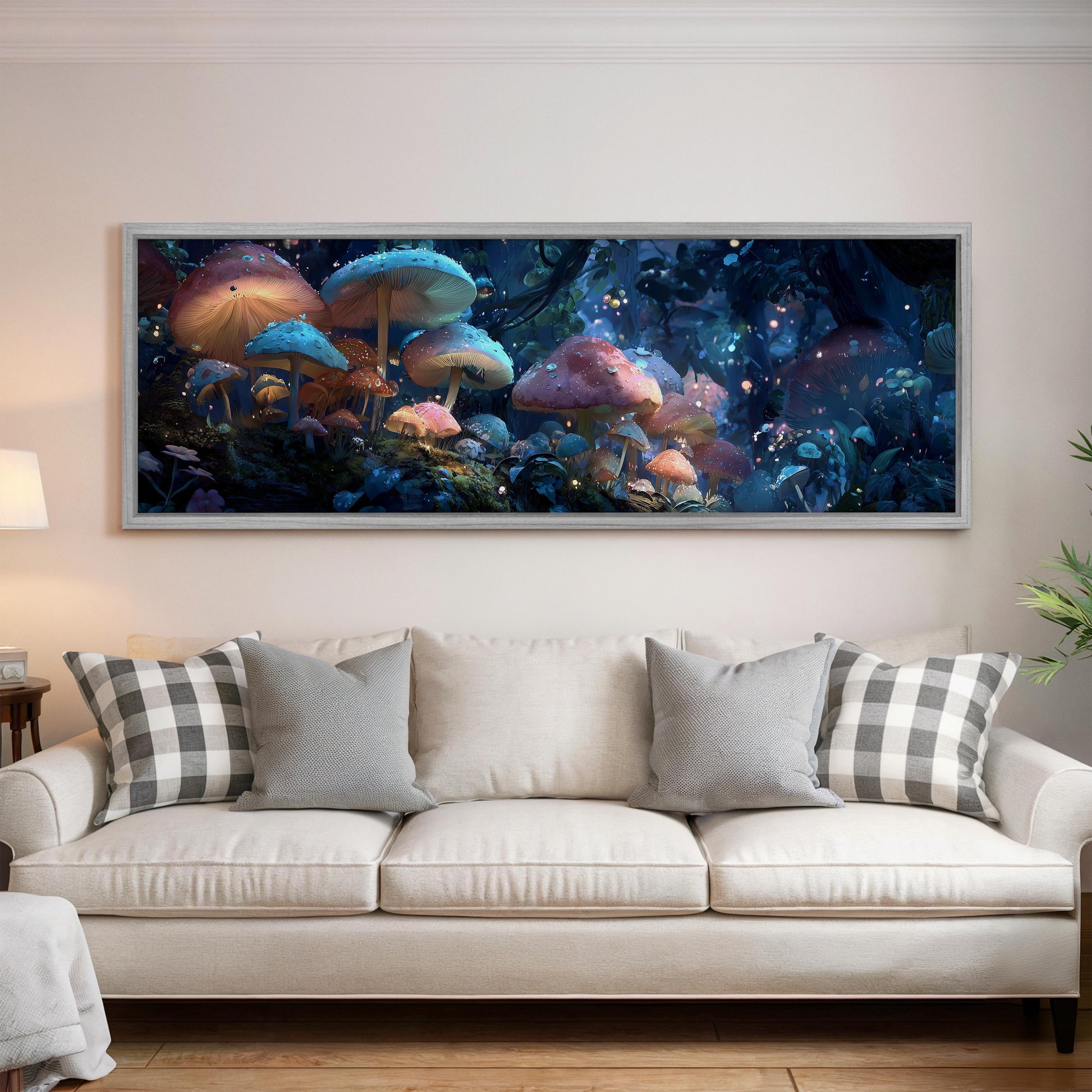 a large, colorful painting of mushrooms hanging on a wall above a white couch in a living room.