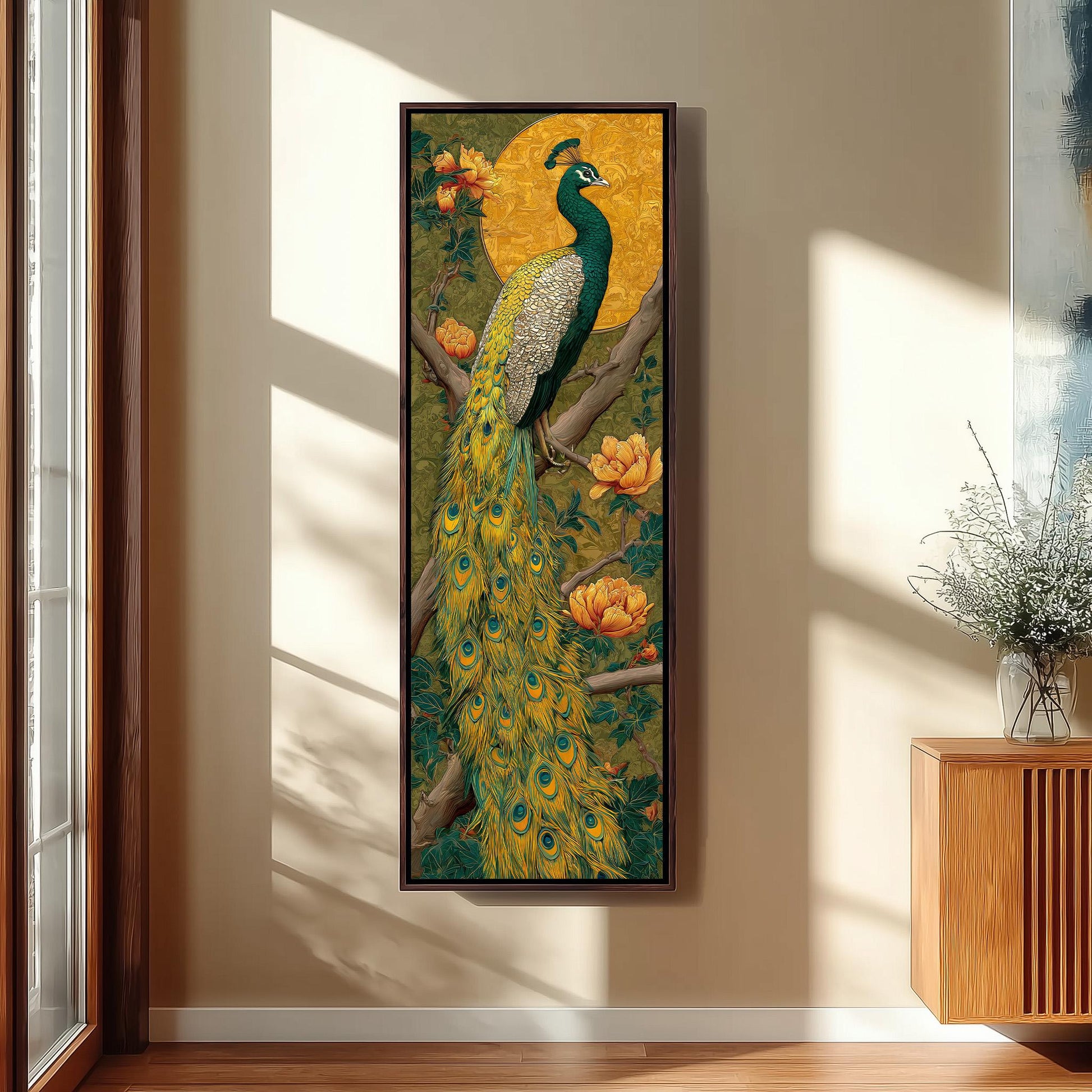a large framed painting of a peacock perched on a branch, with its vibrant green and yellow feathers and a yellow sun in the background.