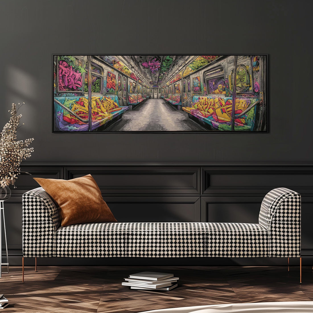 a large, colorful painting of a subway car with graffiti art on the walls, hanging on a wall above a brown sofa.