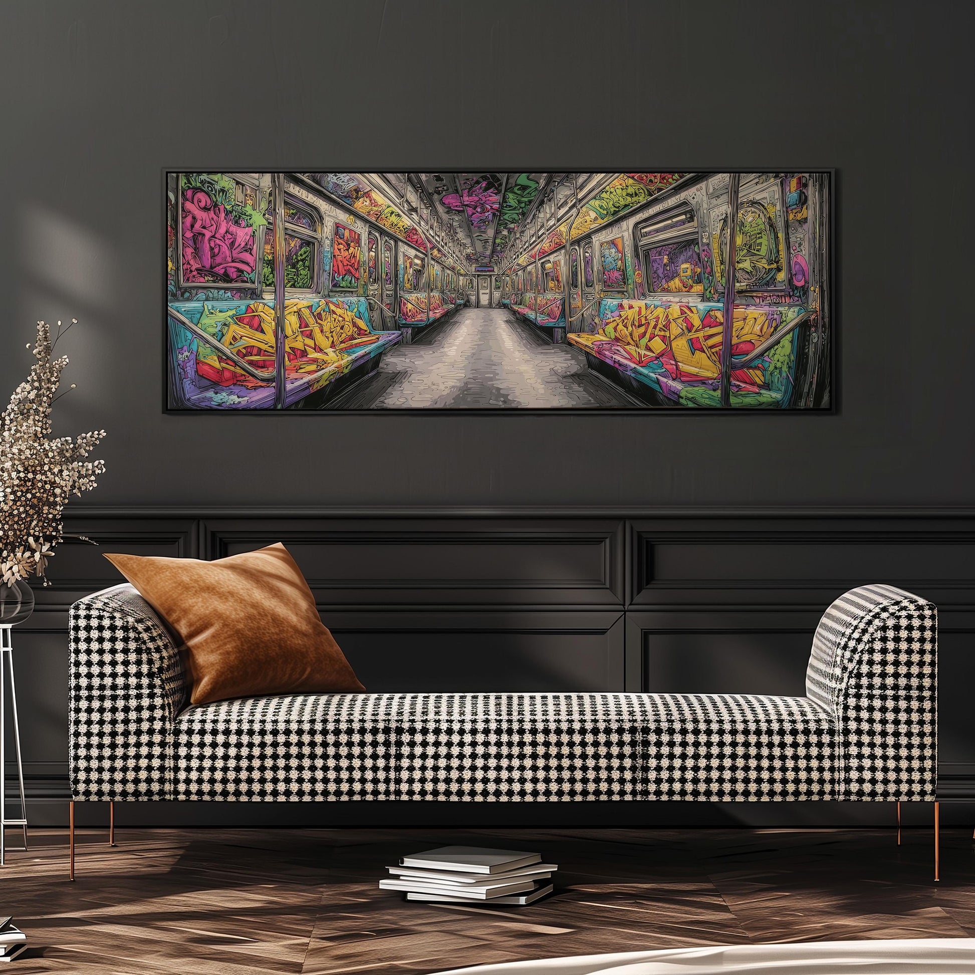 a large, colorful painting of a subway car with graffiti art on the walls, hanging on a wall above a black and white checkered sofa.
