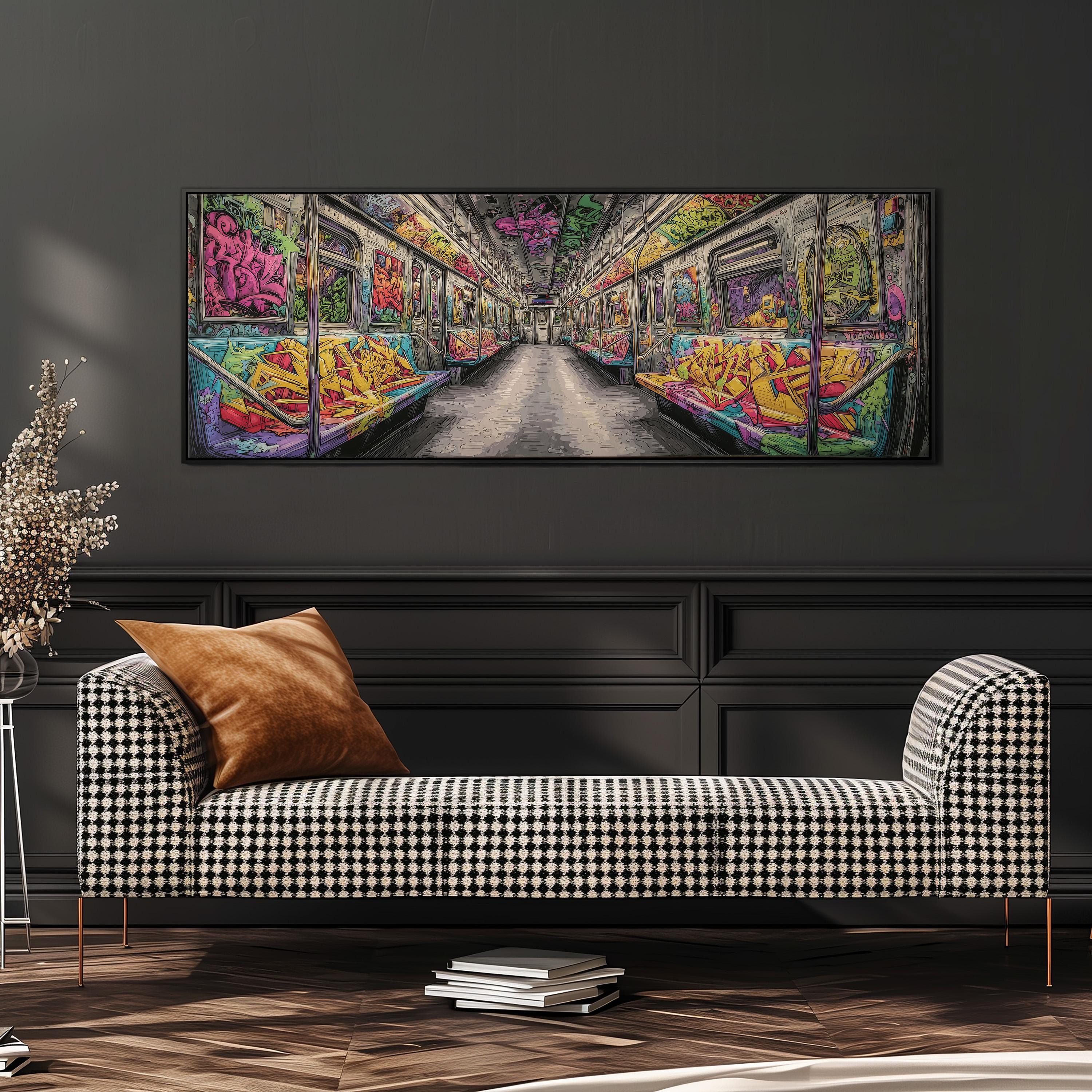 a large, colorful painting of a subway car with graffiti art on the walls, hanging on a wall above a black and white checkered sofa.