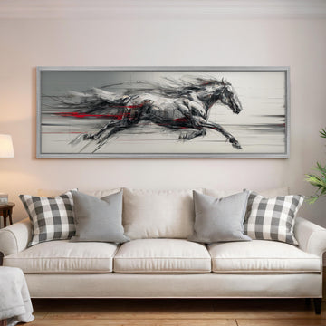 a large, framed painting of a horse in motion, hanging on a wall above a white couch with gray and white patterned pillows.
