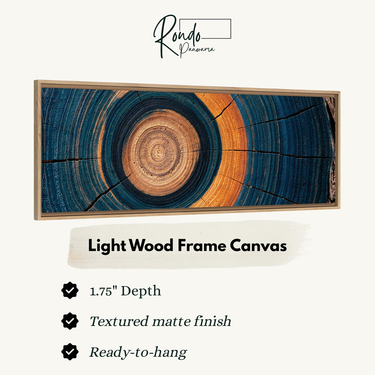Teal and orange tree ring canvas print in a light wood floating frame