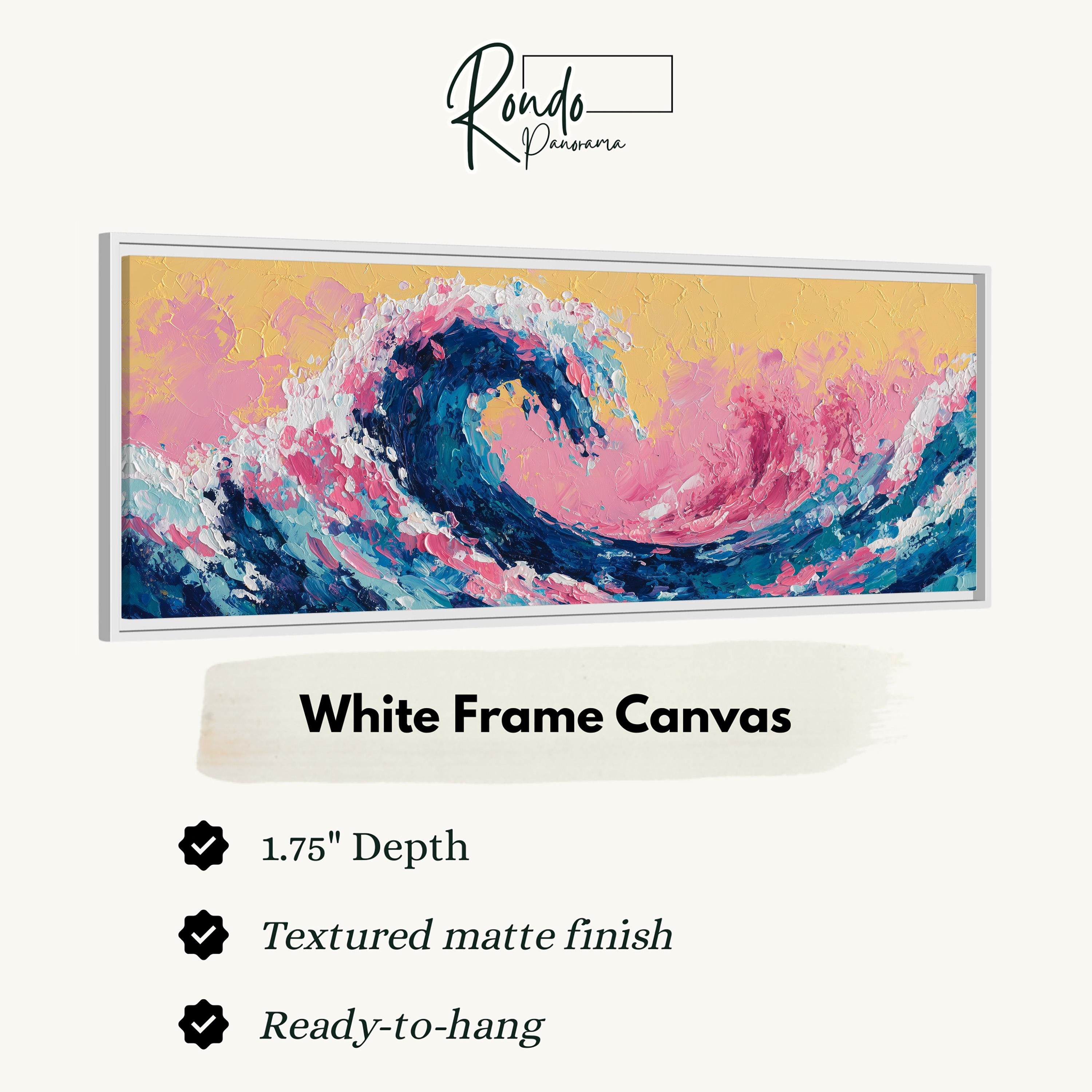 The image is a framed artwork depicting a vibrant, colorful wave with a textured finish.
