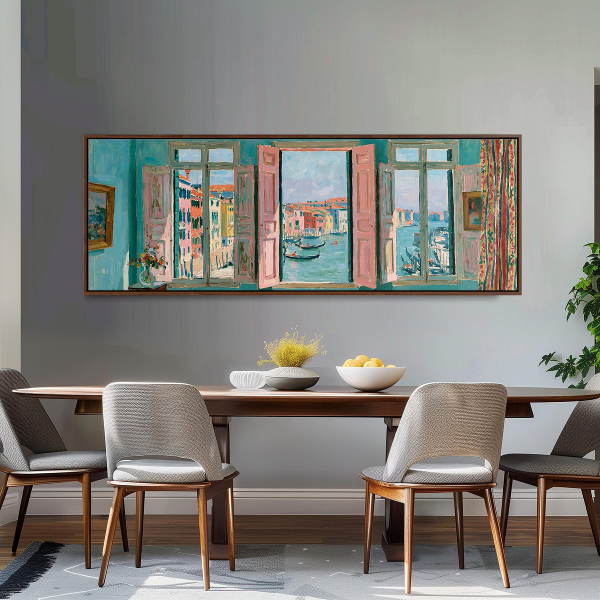 Venice canal and gondolas through a window long horizontal canvas print above a dining table