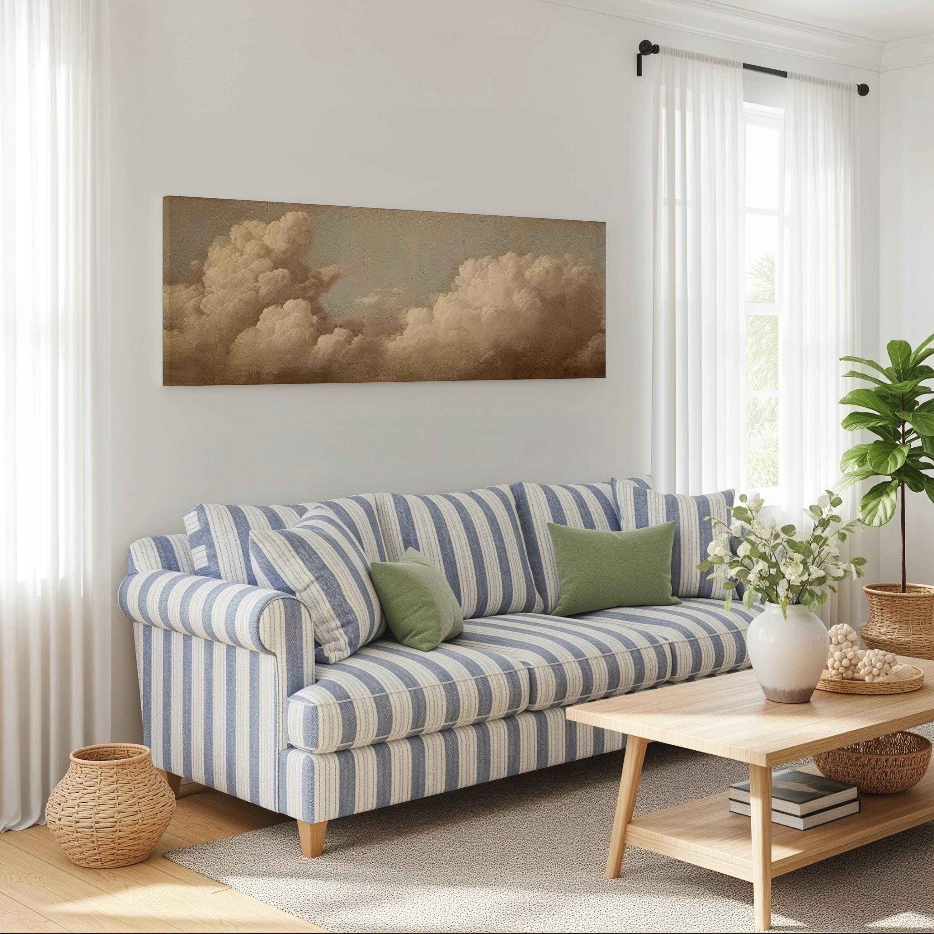 a cozy living room with a striped blue and white sofa, a wooden coffee table, and a large window with white curtains. Above the sofa, there is a painting of clouds on the wall.