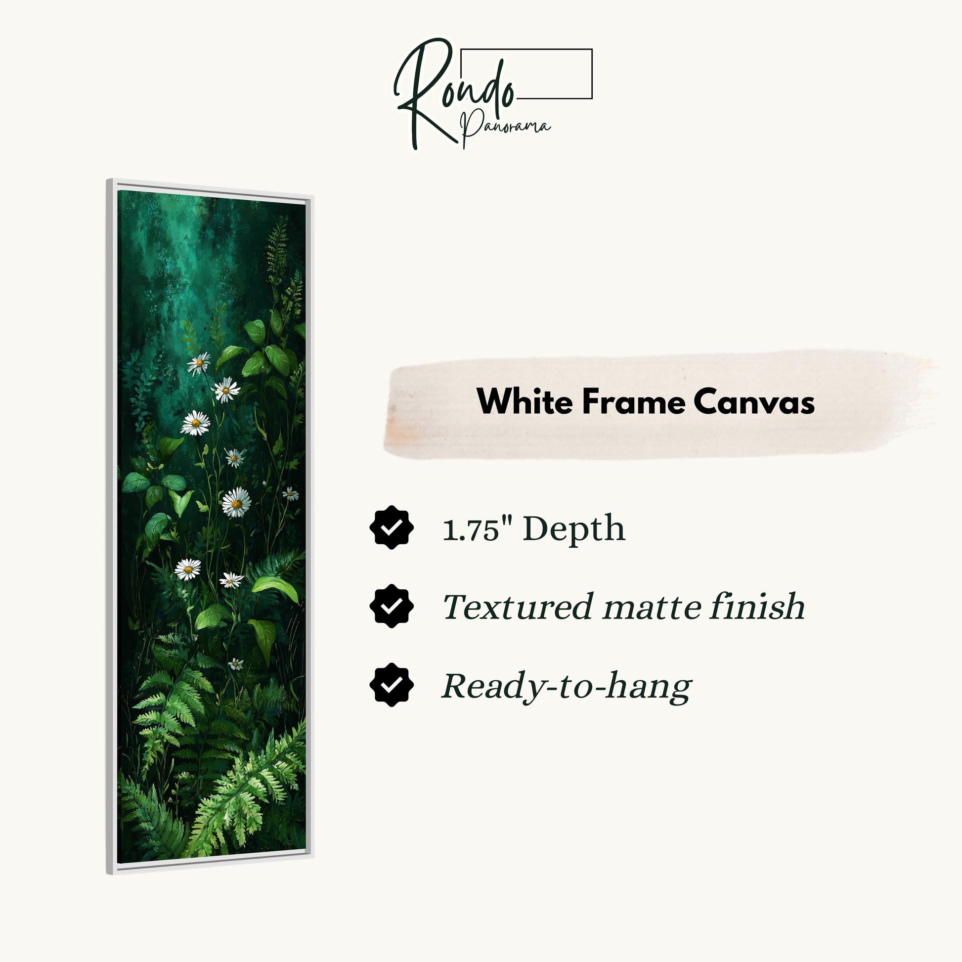 The image is a white frame canvas with a painting of green plants and white flowers.