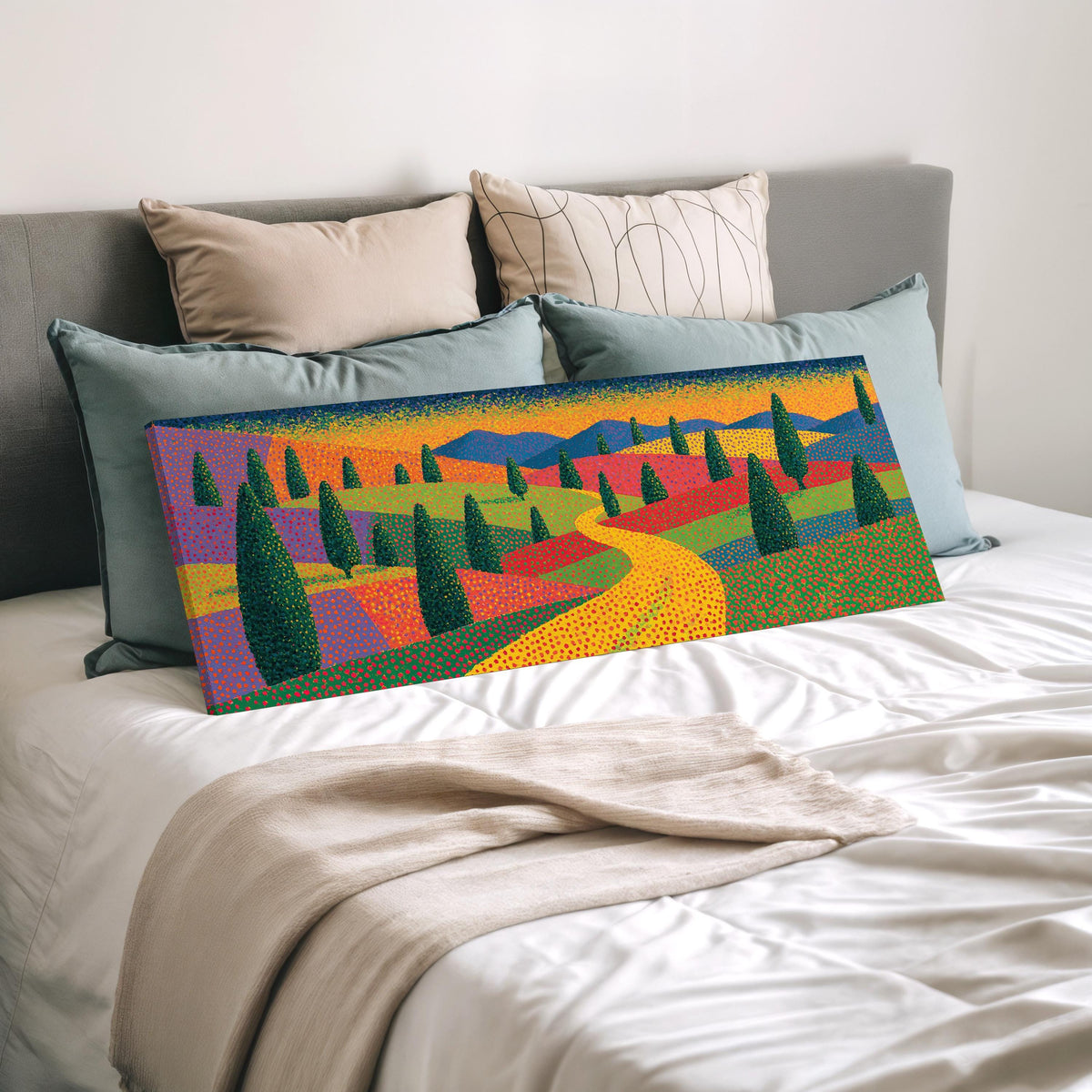Cypress valley with a winding road wide panoramic canvas print laid on a bed to show its size