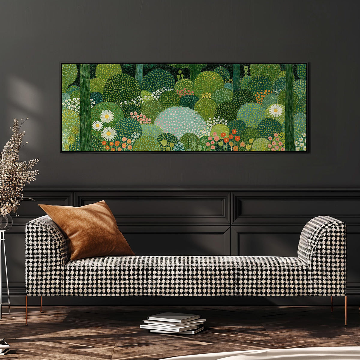 Whimsical dotted topiary garden wide panoramic canvas print above a bench in a dark living room