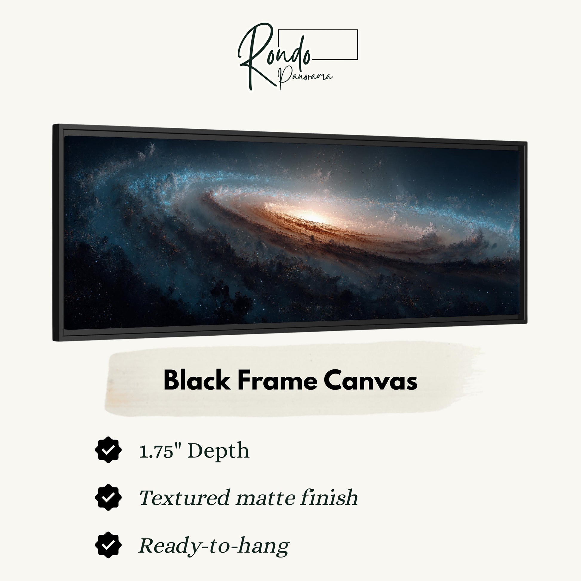 The image is a black frame canvas depicting a spiral galaxy with a bright center and swirling clouds.