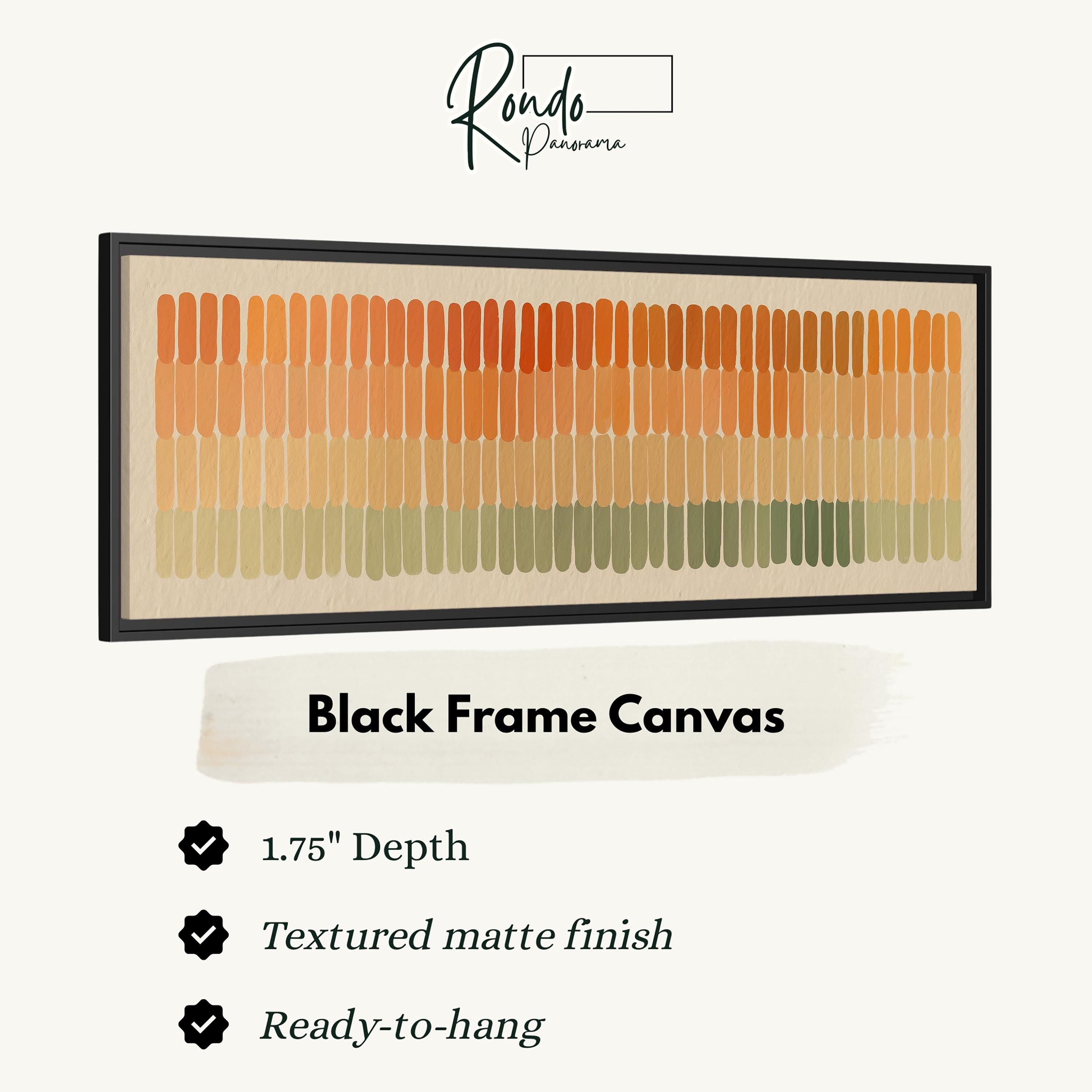 a black frame canvas with a repeating pattern of orange and green vertical lines. The canvas has a 1.75" depth and is textured with a matte finish. It is ready to hang.