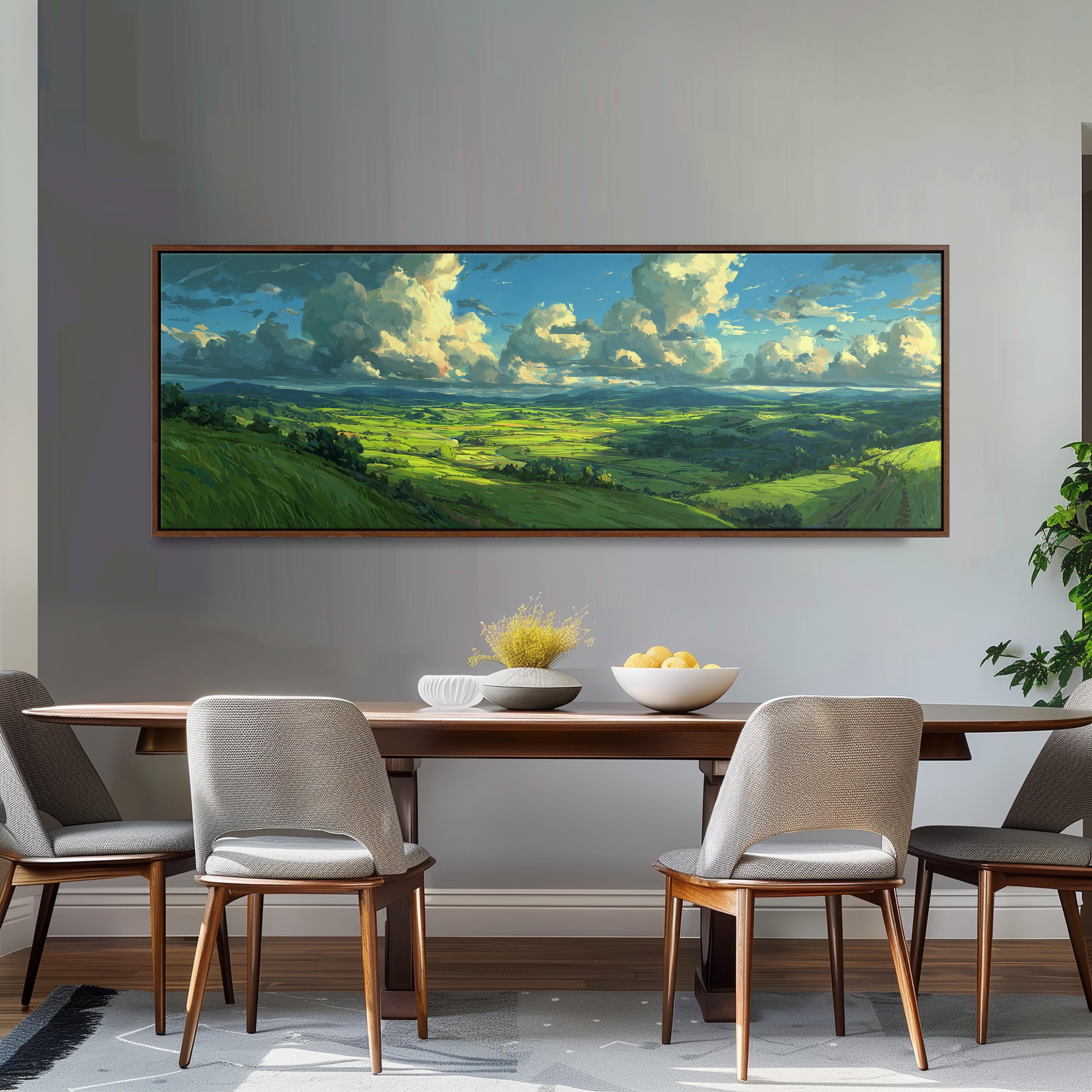 a large painting of a countryside landscape hanging on a wall above a wooden dining table with four chairs.
