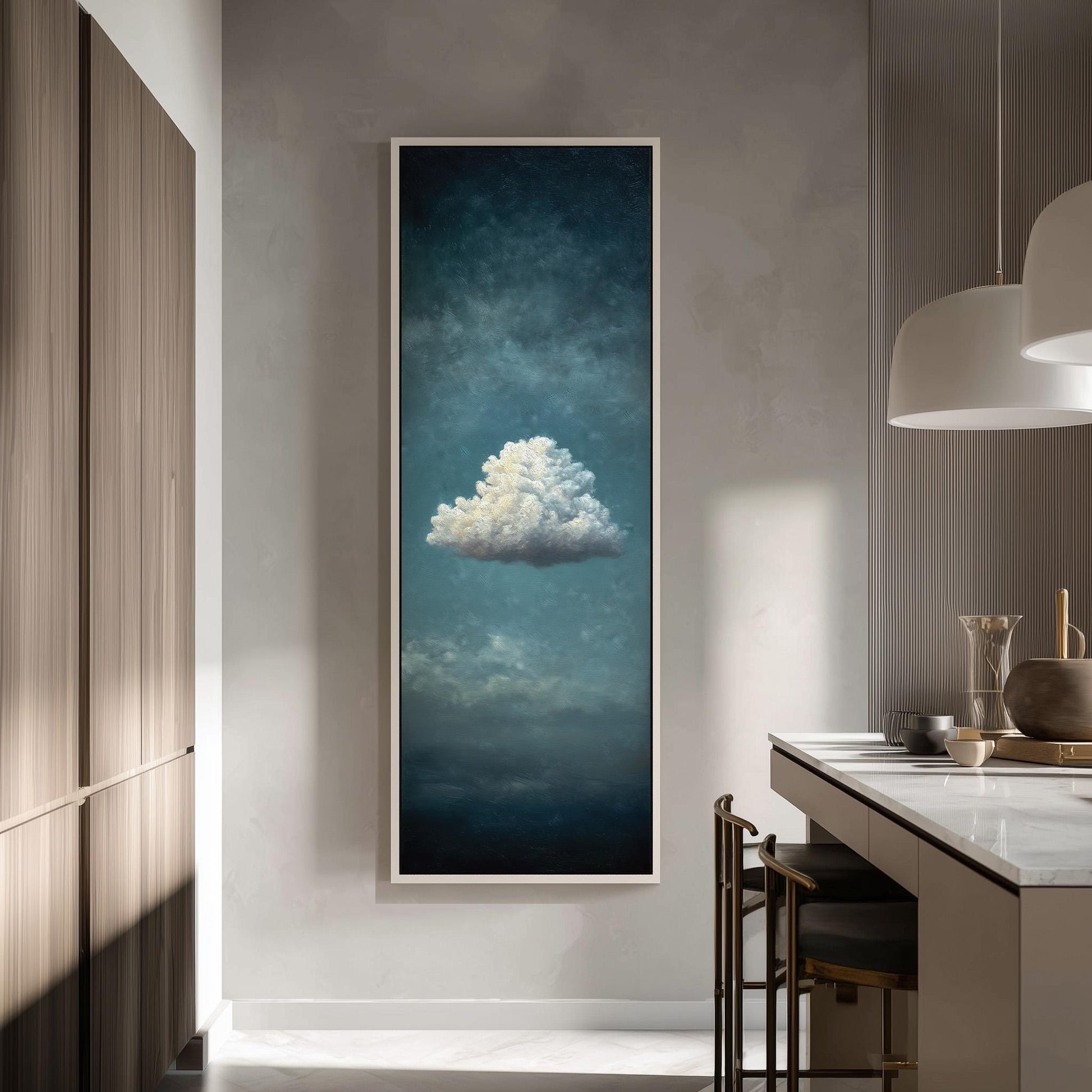 a large framed painting of a cloud hanging on a wall in a modern kitchen.