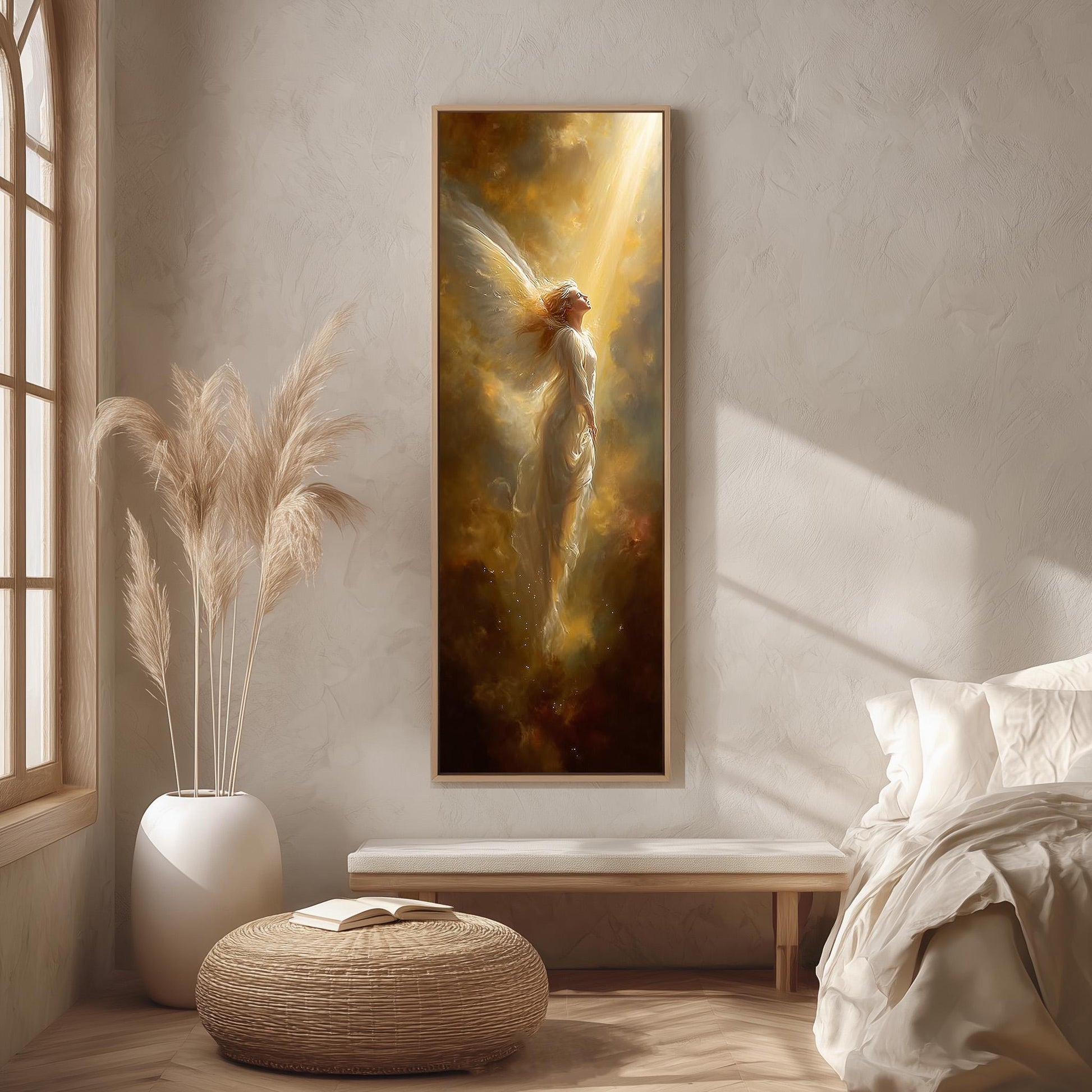 a large painting of a winged figure with flowing robes, hanging on a wall in a minimalist bedroom setting.