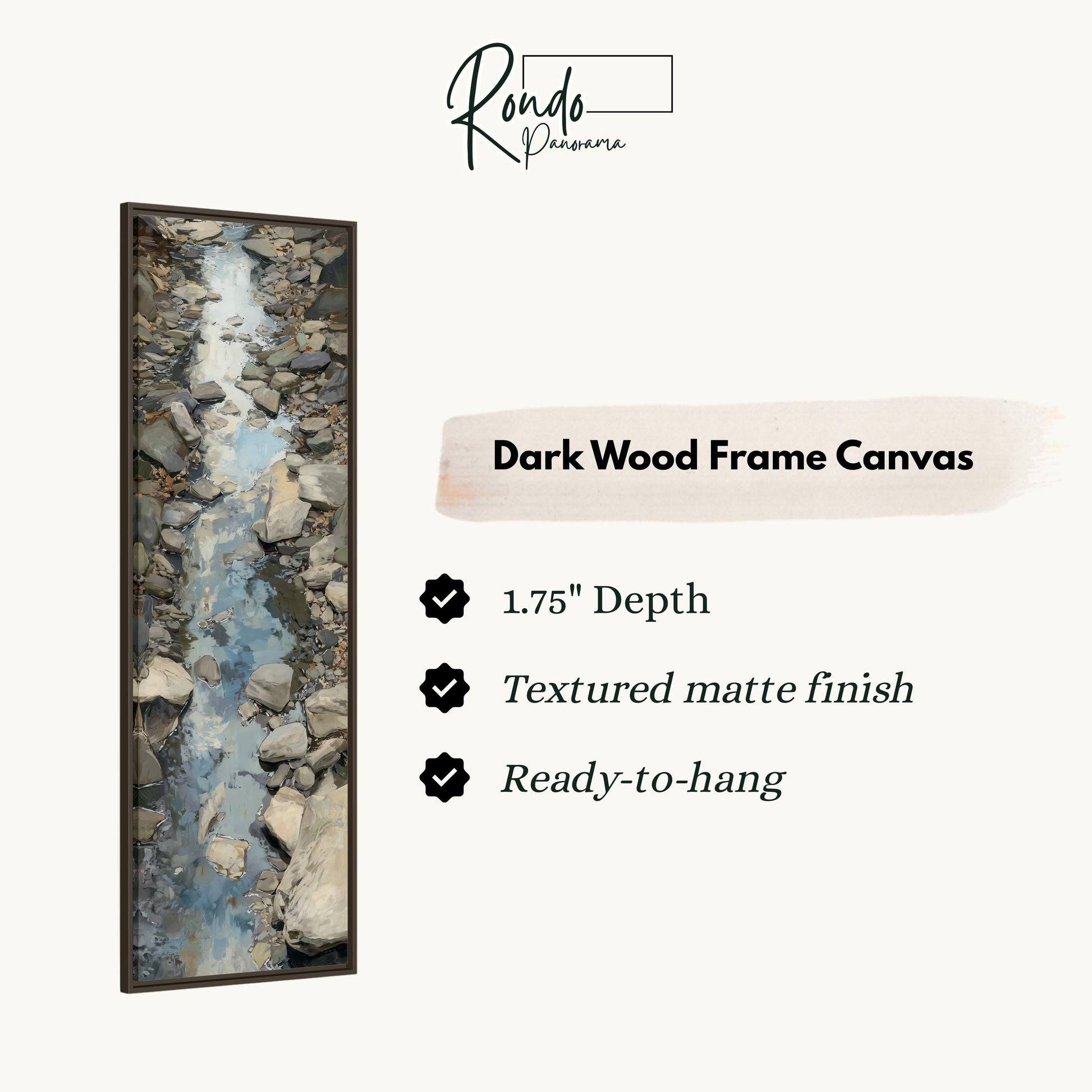 The image is a dark wood frame canvas depicting a river flowing through a rocky landscape.