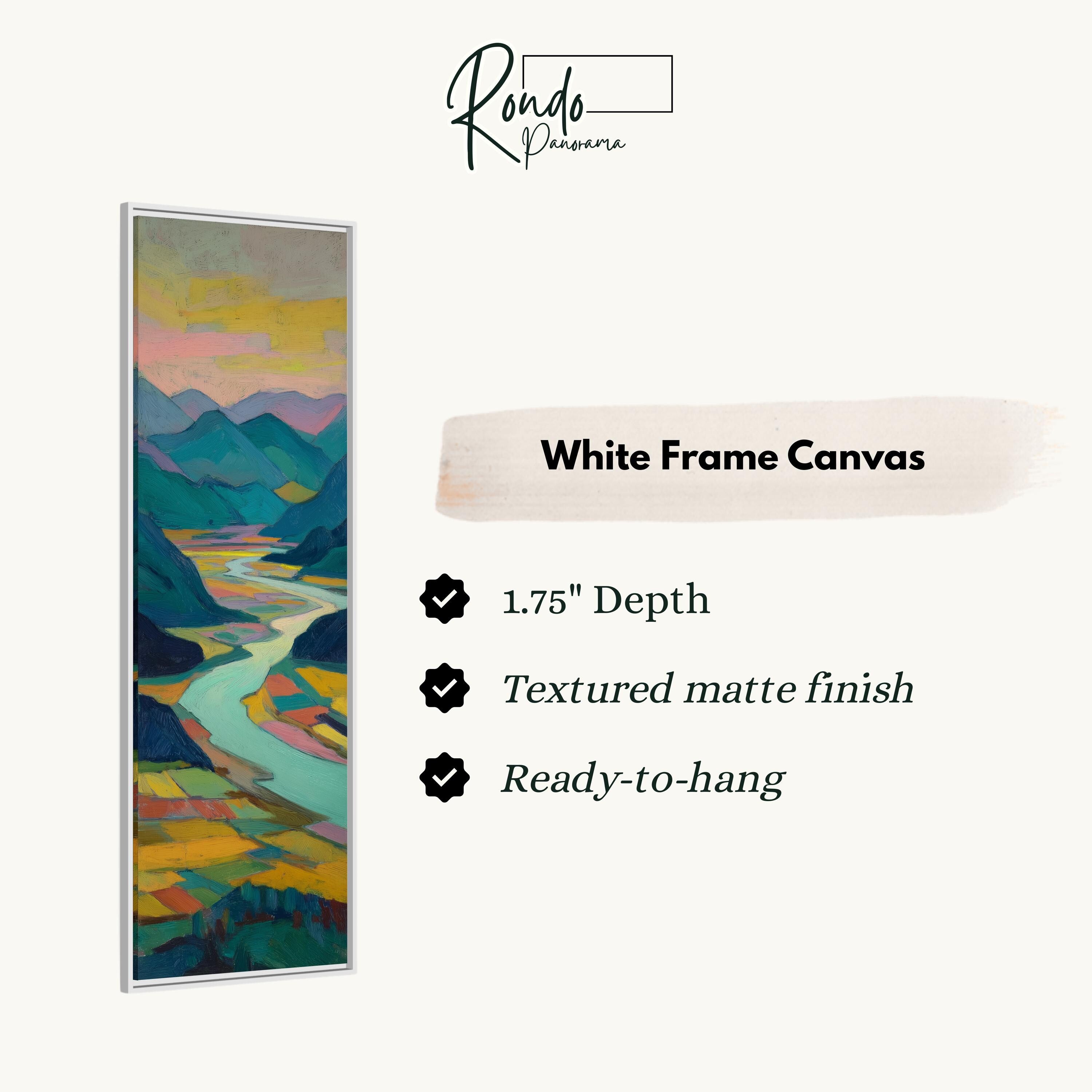 The image is a white frame canvas depicting a landscape with mountains, a river, and a valley.