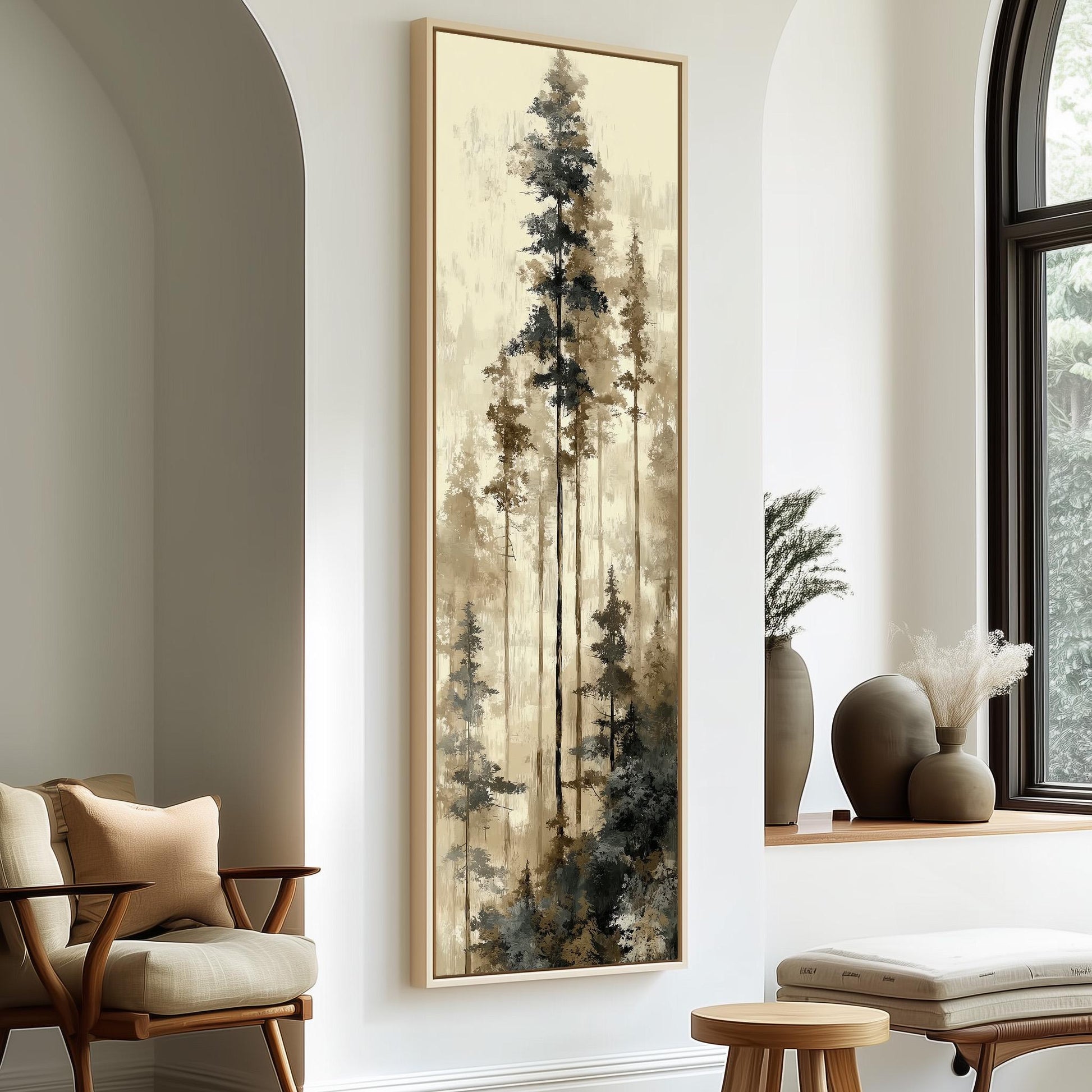 a large painting of a forest scene hanging on a wall, with a wooden chair and a small table in the foreground.