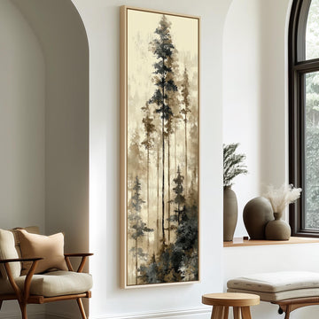 a large painting of a forest scene hanging on a wall, with a wooden chair and a small table in the foreground.