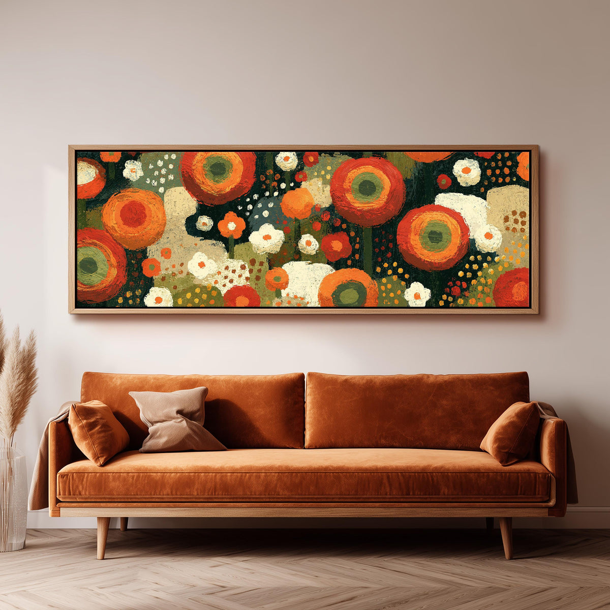 Concentric poppy rings panoramic canvas print above a sofa in a living room