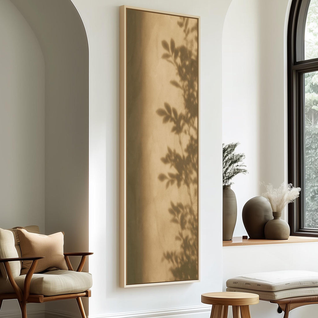 Eucalyptus leaf shadow on a sepia wall long vertical canvas print in a sunlit living space