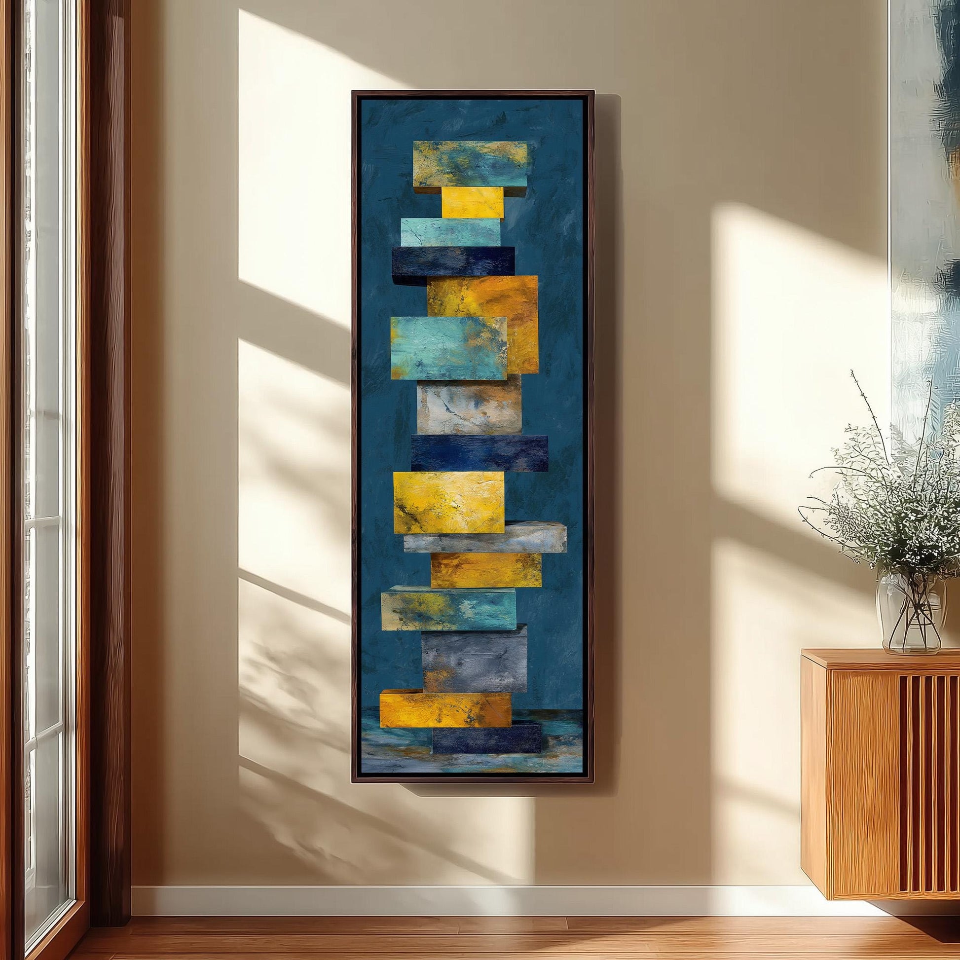 a large abstract painting hanging on a wall, depicting a series of stacked rectangles in various colors including blue, yellow, and orange.
