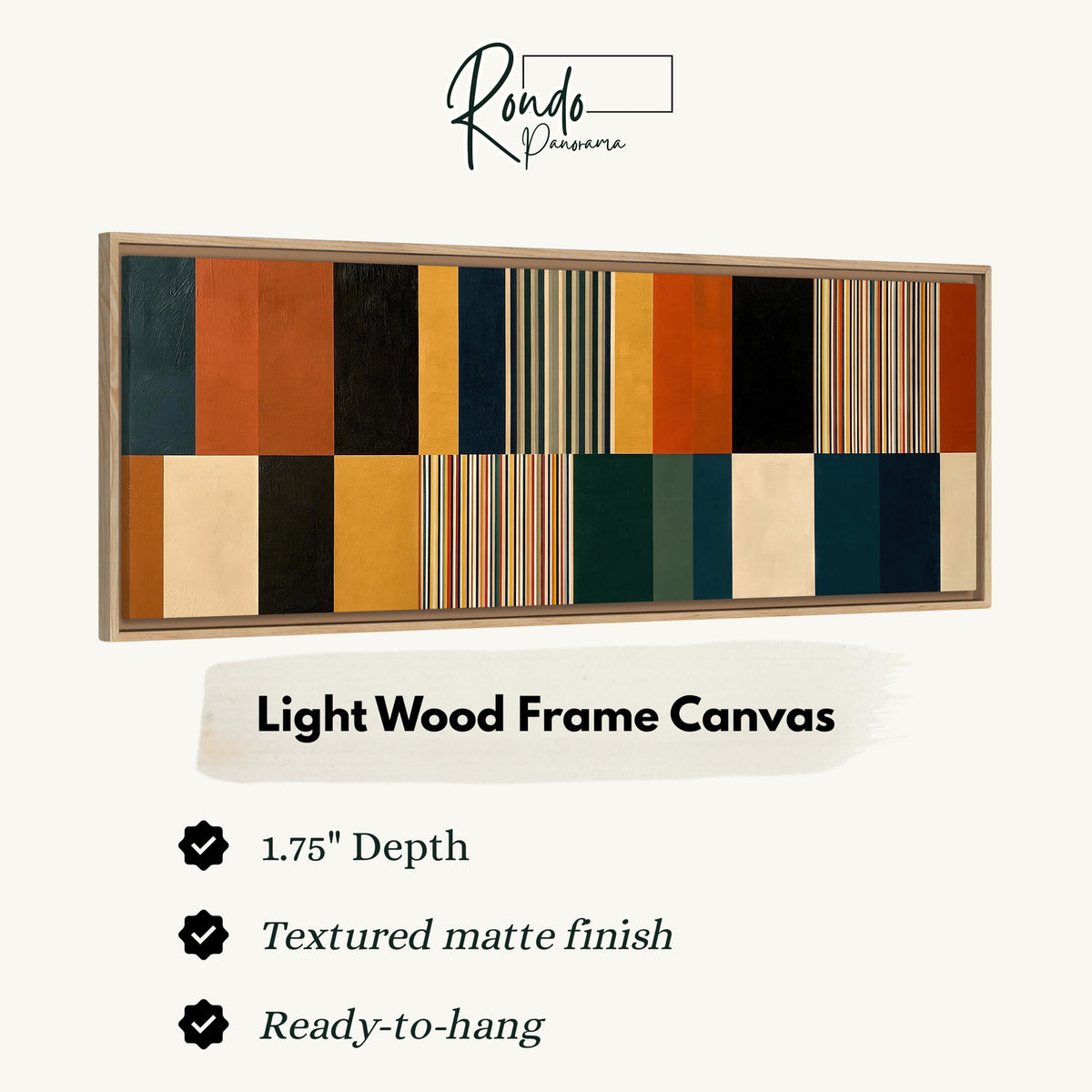 Autumn and teal stripe color blocks canvas print in a light wood floating frame