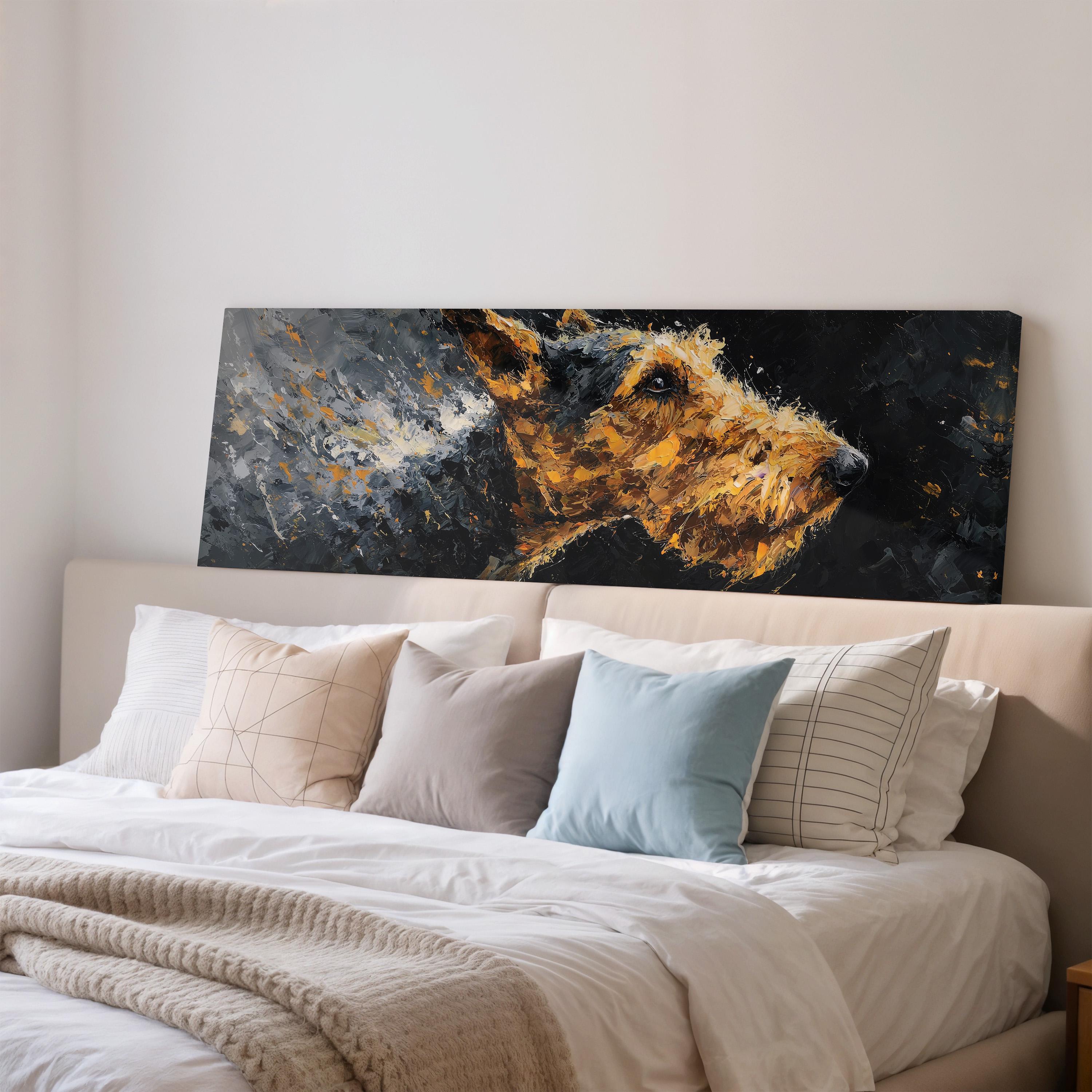 a large painting of a dog's head on a wall above a bed with white bedding and pillows.