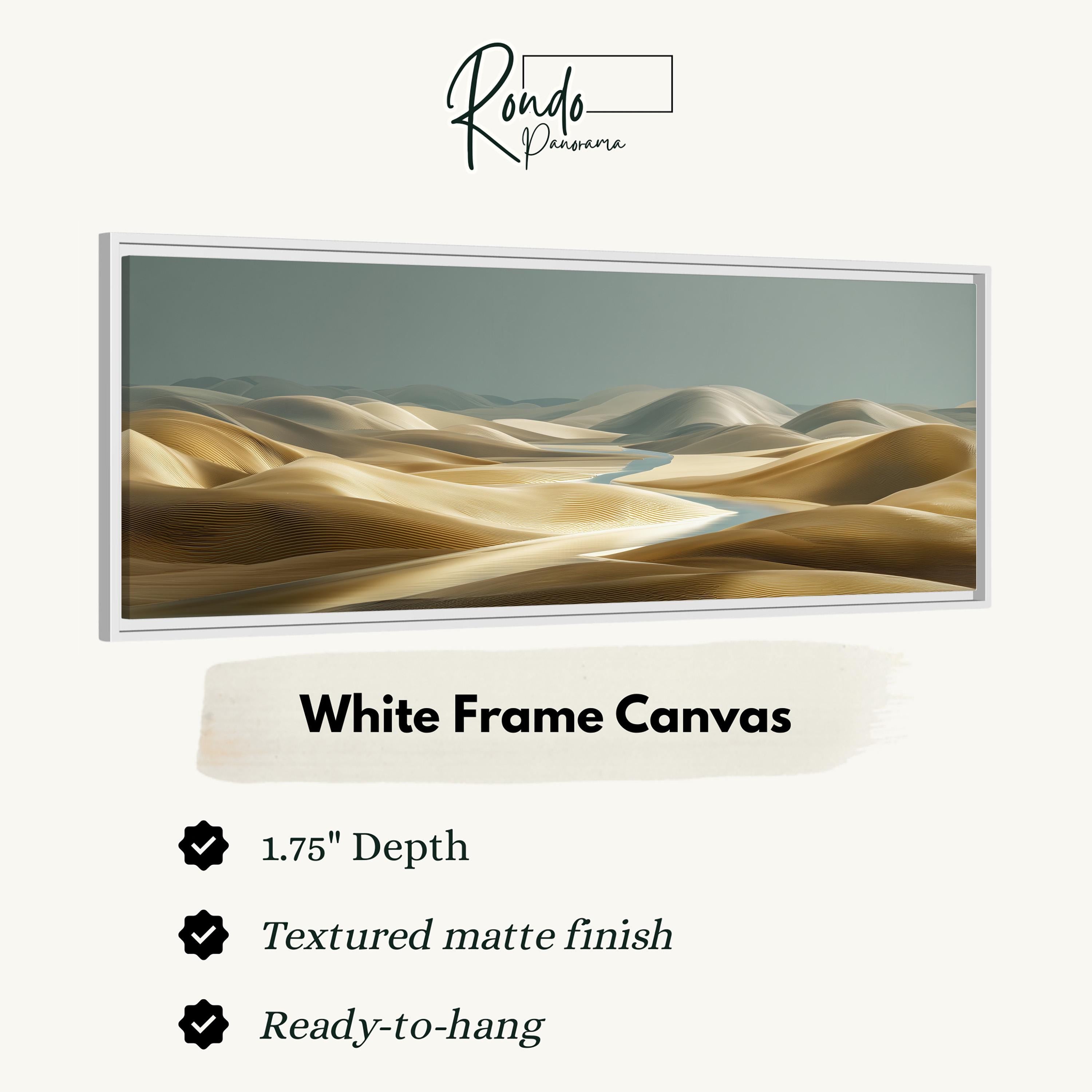 The image is a white frame canvas depicting a desert landscape with rolling hills and a winding river.
