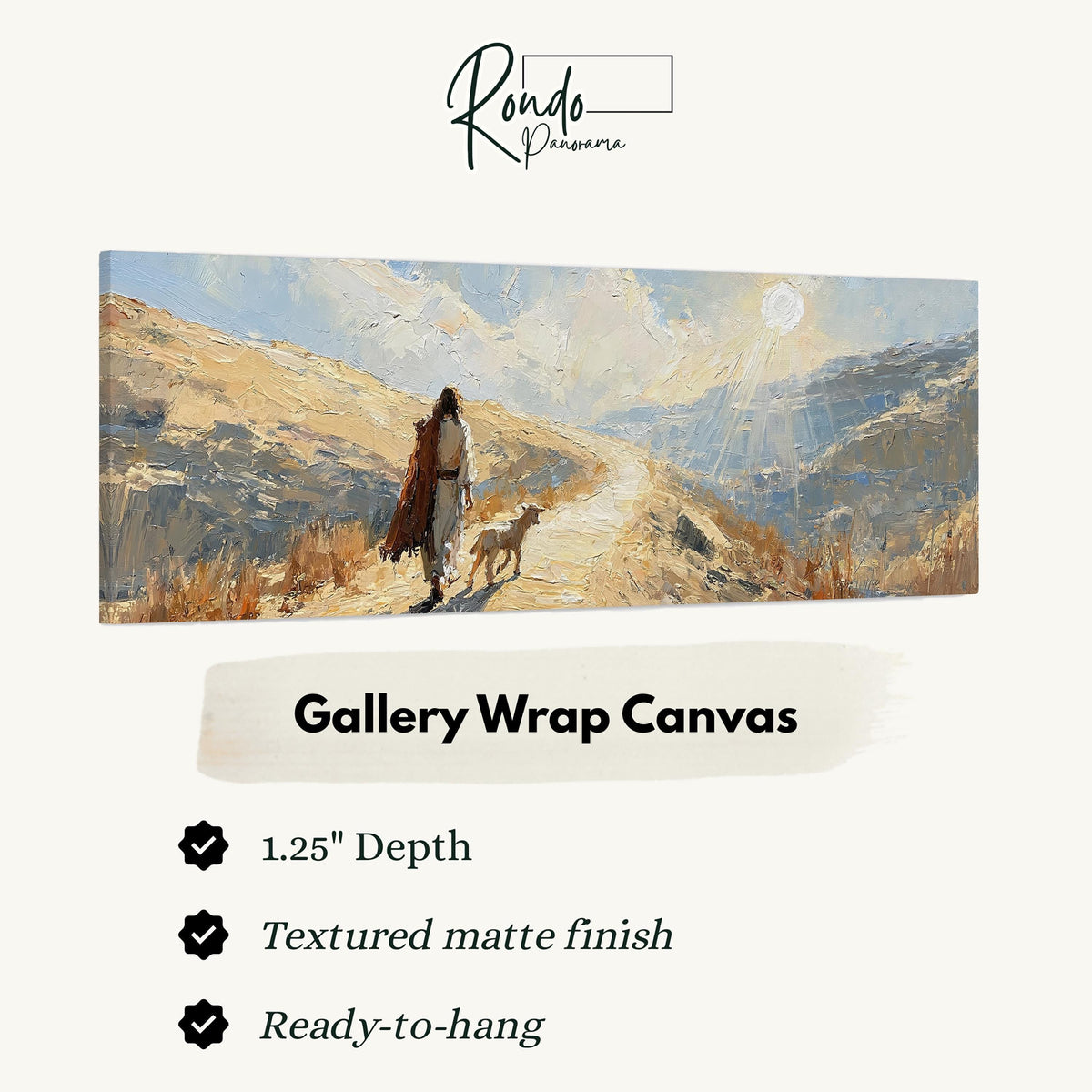 Jesus walking a sunlit hillside path with a sheep gallery wrap canvas with the image wrapped around the edges