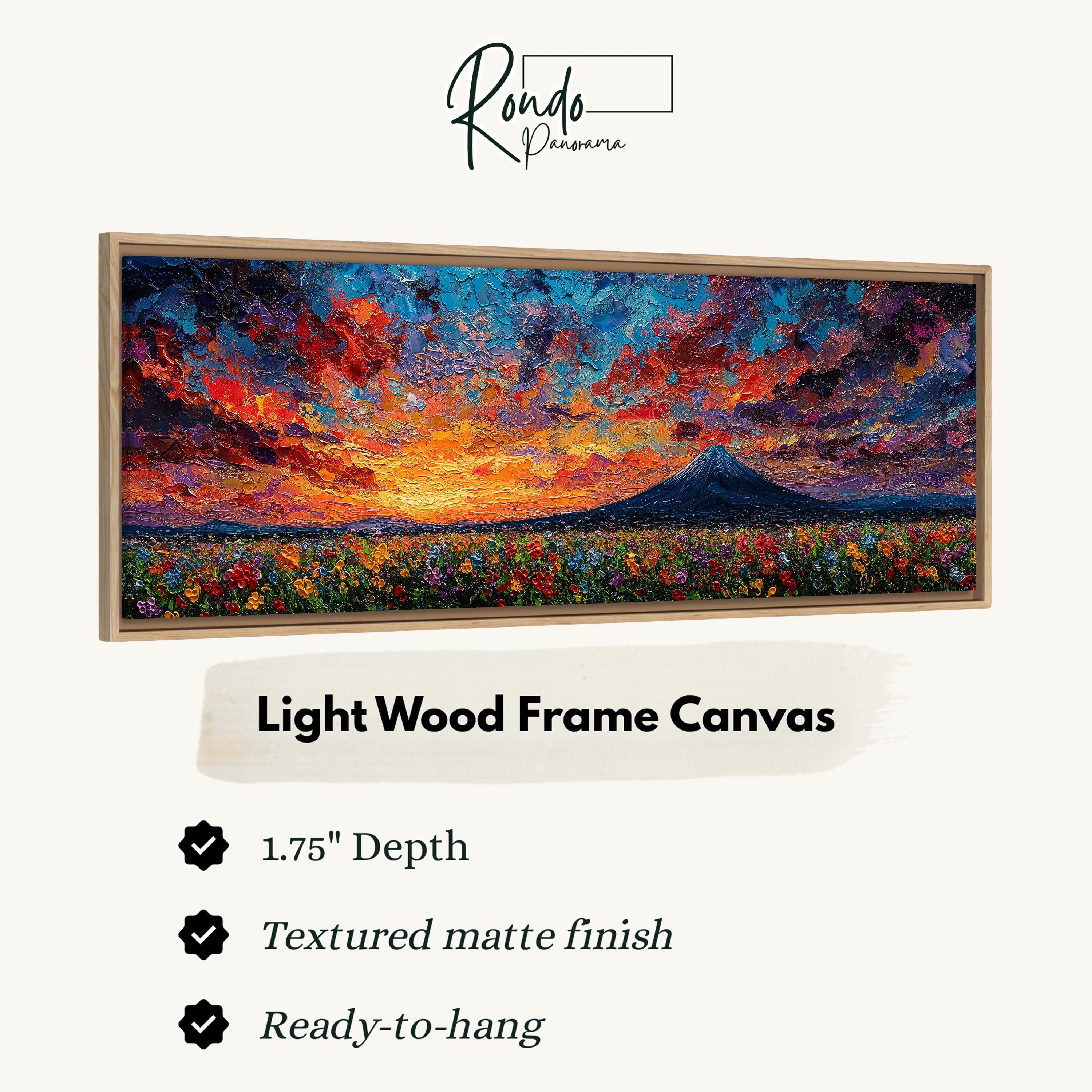 The image is a light wood frame canvas depicting a colorful sunset over a field of flowers.