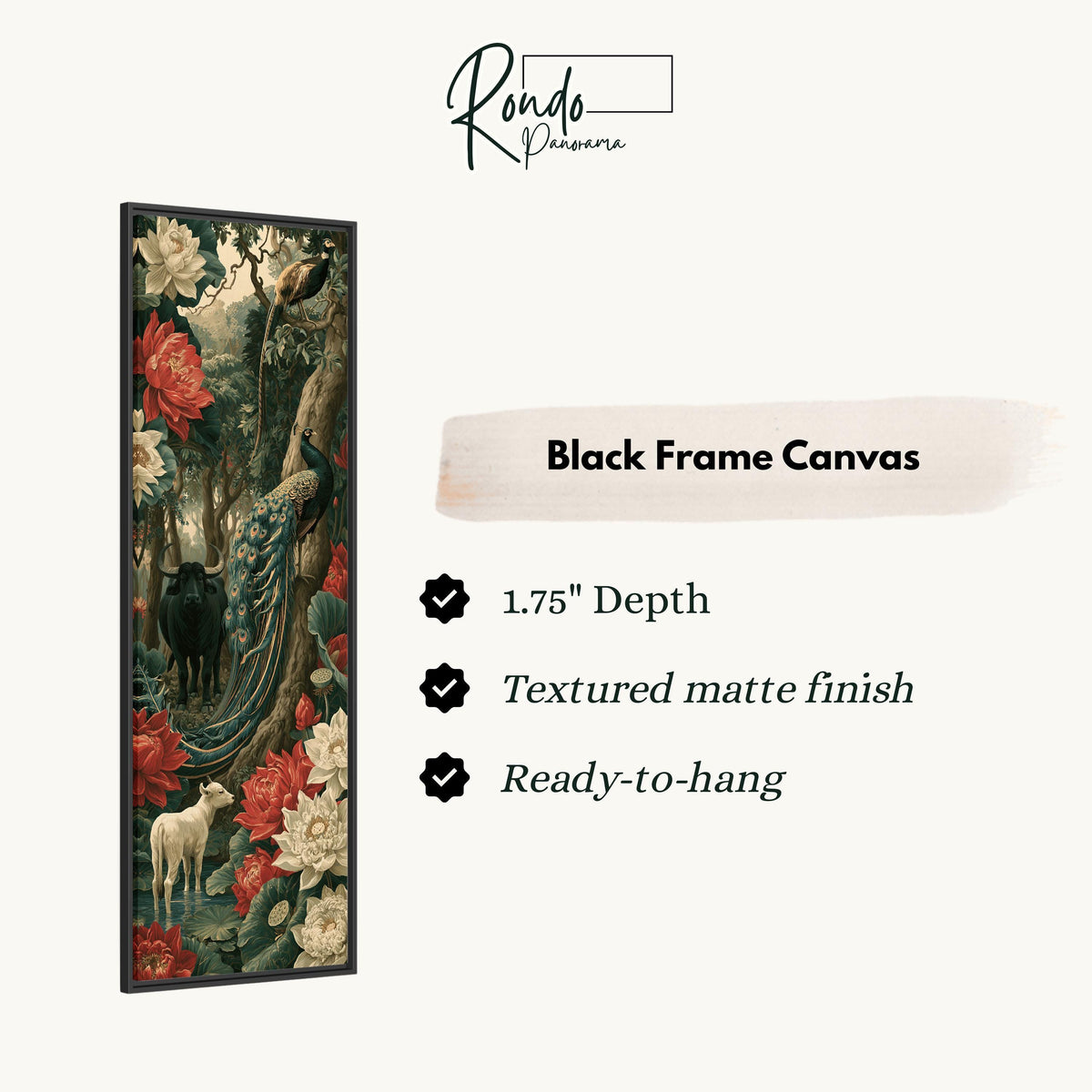 Peacock and animals in a lush jungle of lilies canvas print in a black floating frame