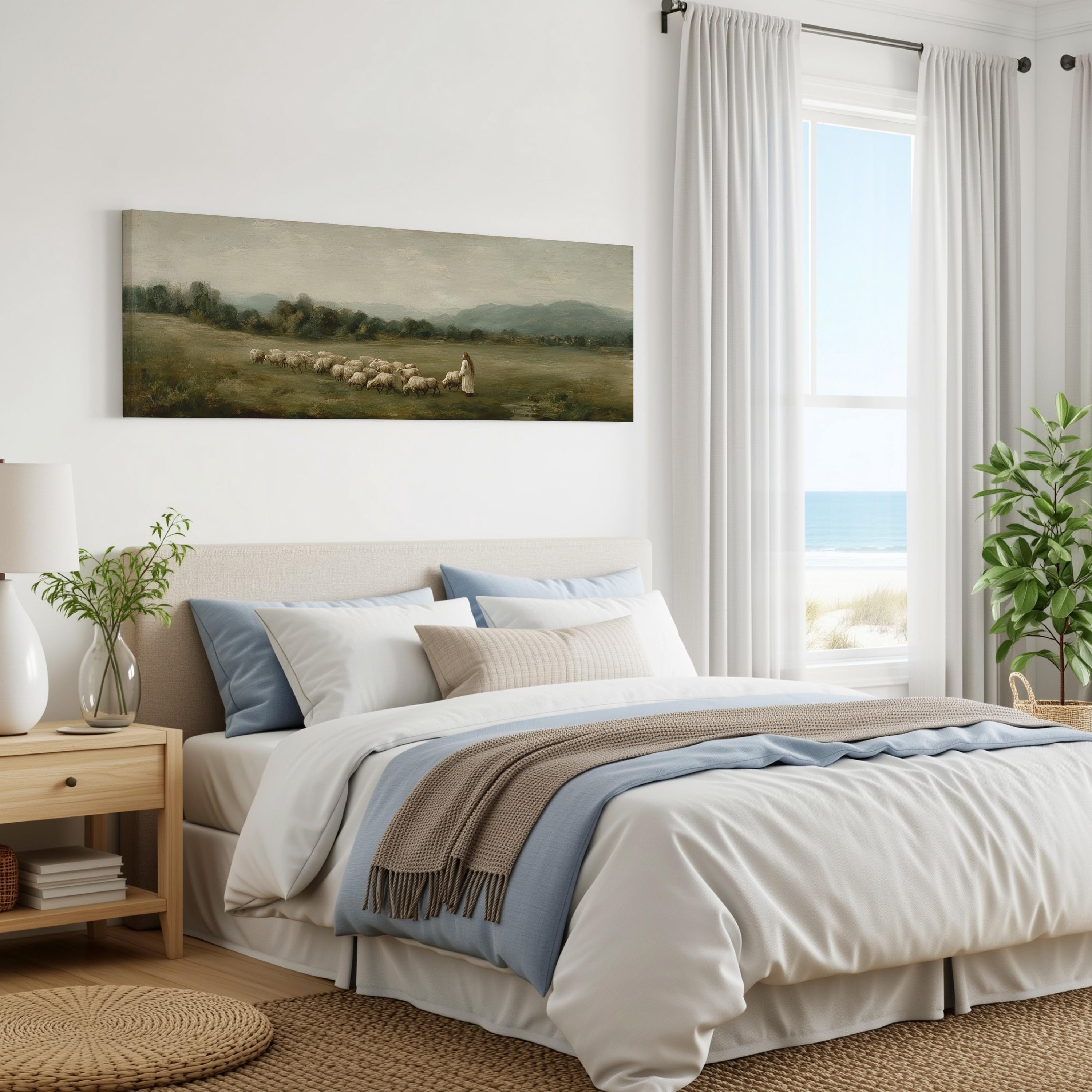 a serene bedroom scene with a large bed, a painting of a pastoral landscape, and a window overlooking the ocean.