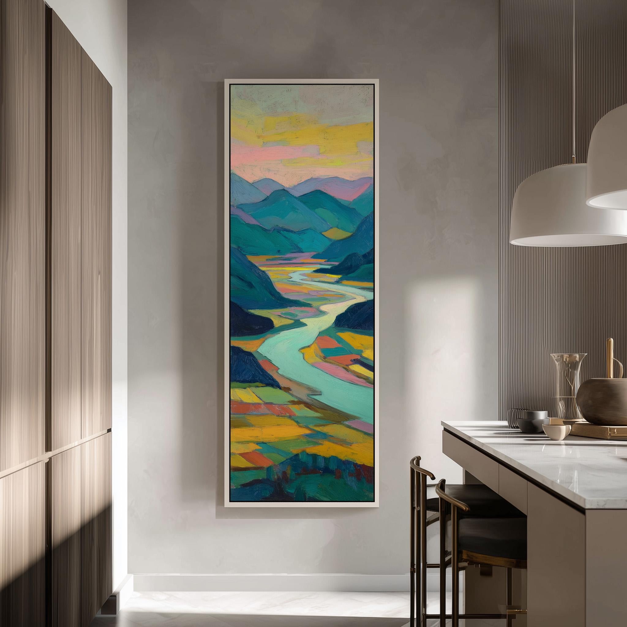 a large, colorful painting of a mountain landscape hanging on a wall in a modern kitchen.