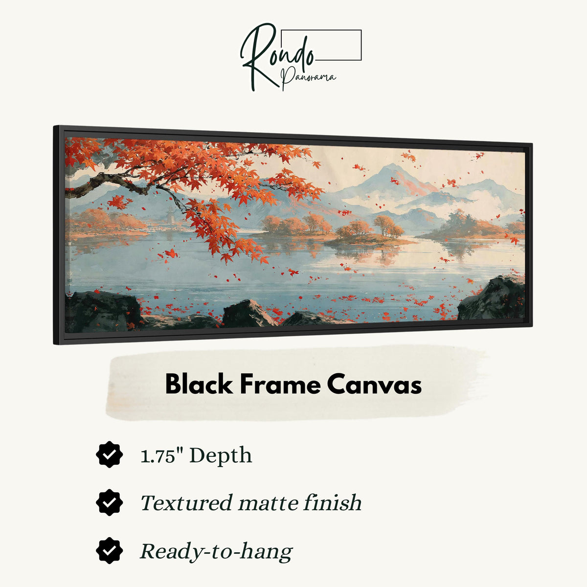 Japanese maple over a misty lake canvas print in a black floating frame