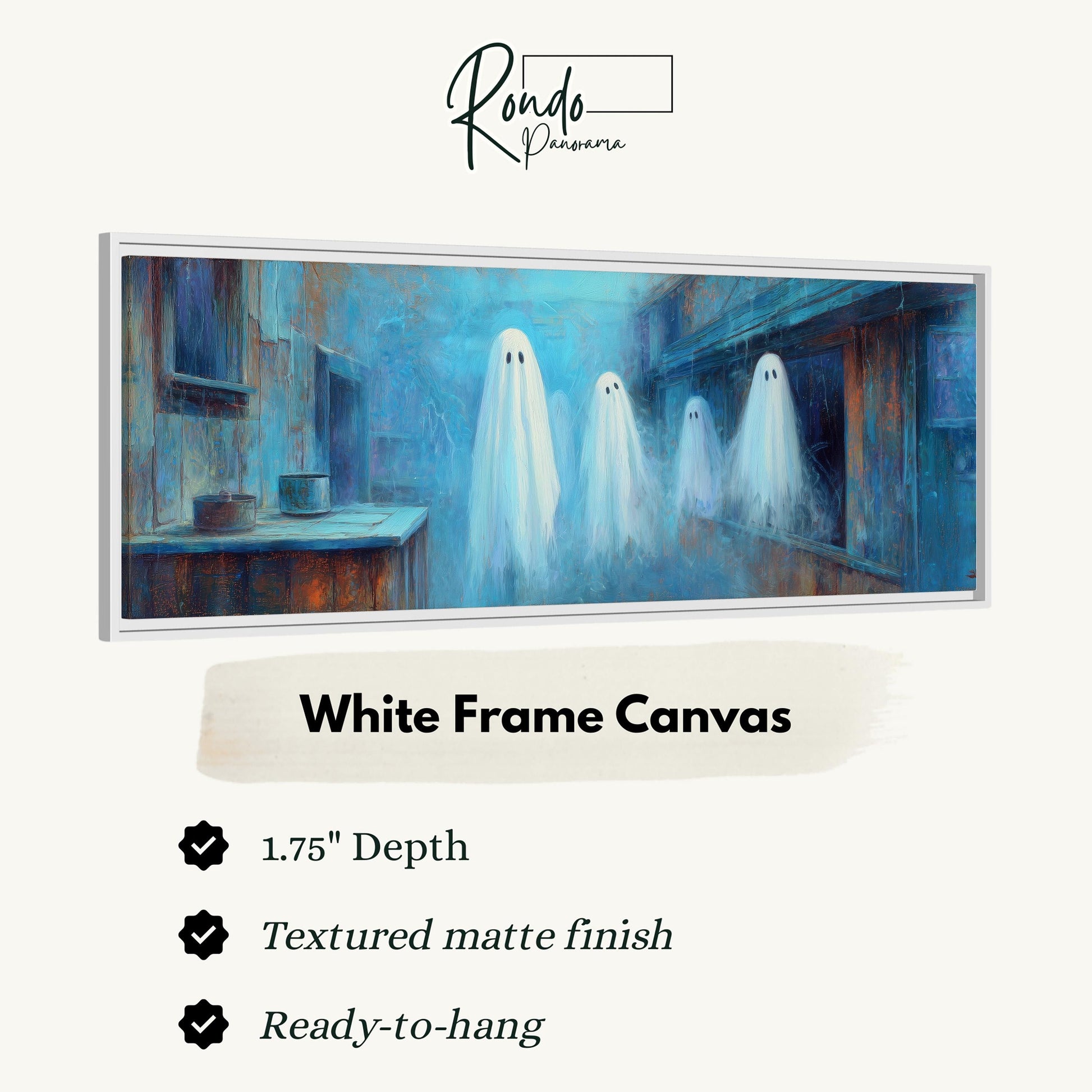 The image is a framed artwork depicting four ghostly figures in a room with a blue and white color scheme.