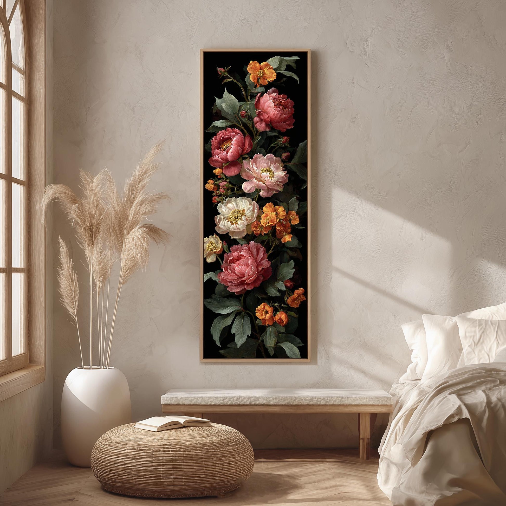 a large floral painting hanging on a wall, with a bed and a potted plant in the foreground.