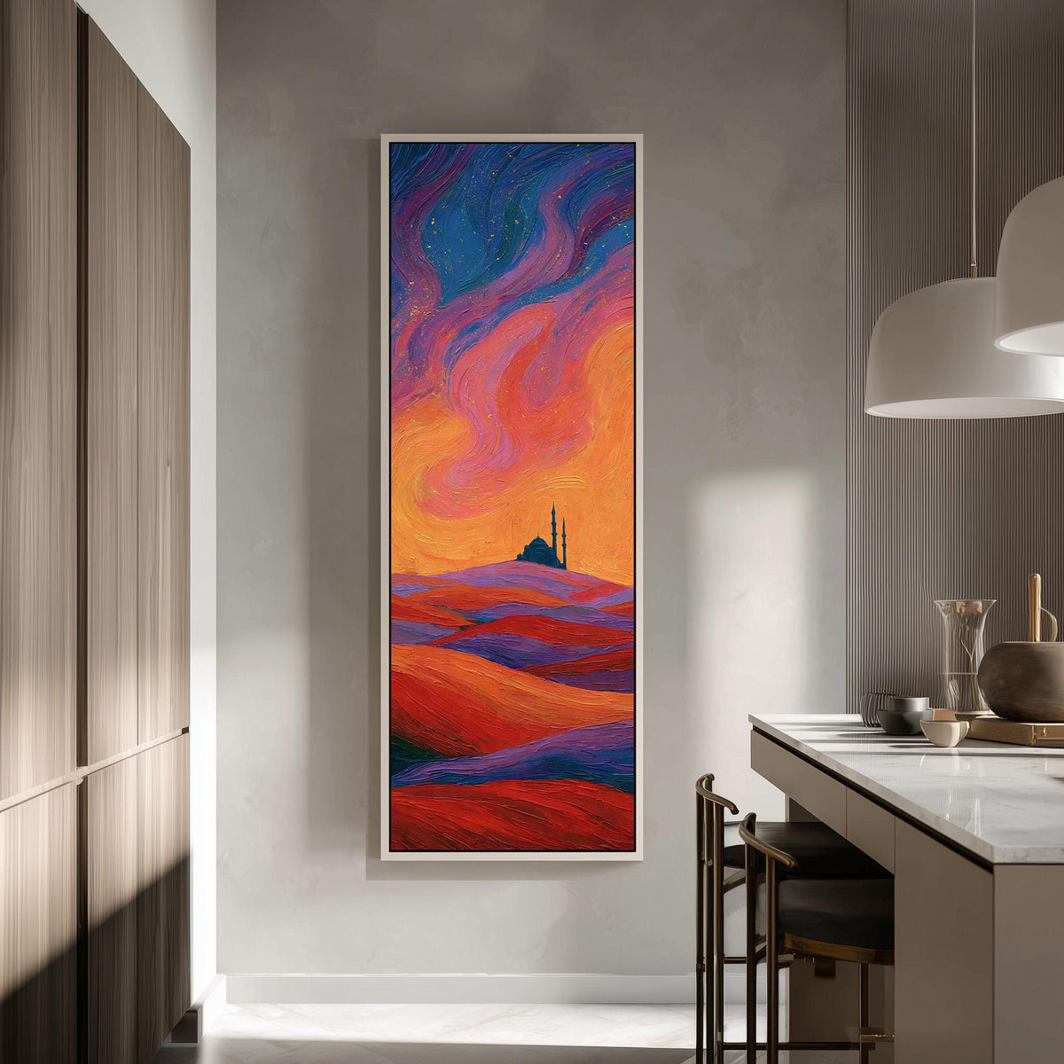 Mosque silhouette under a swirling sunset sky tall skinny canvas print in a modern kitchen