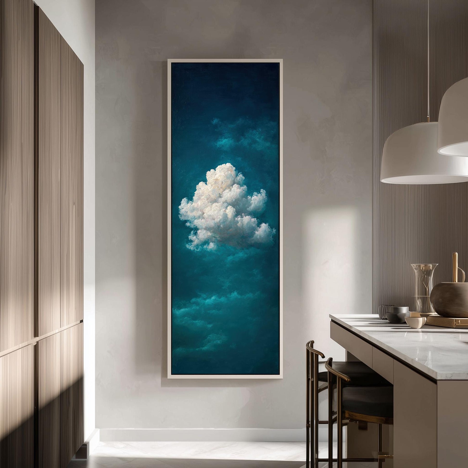 a large framed painting of a cloud hanging on a wall in a modern kitchen.